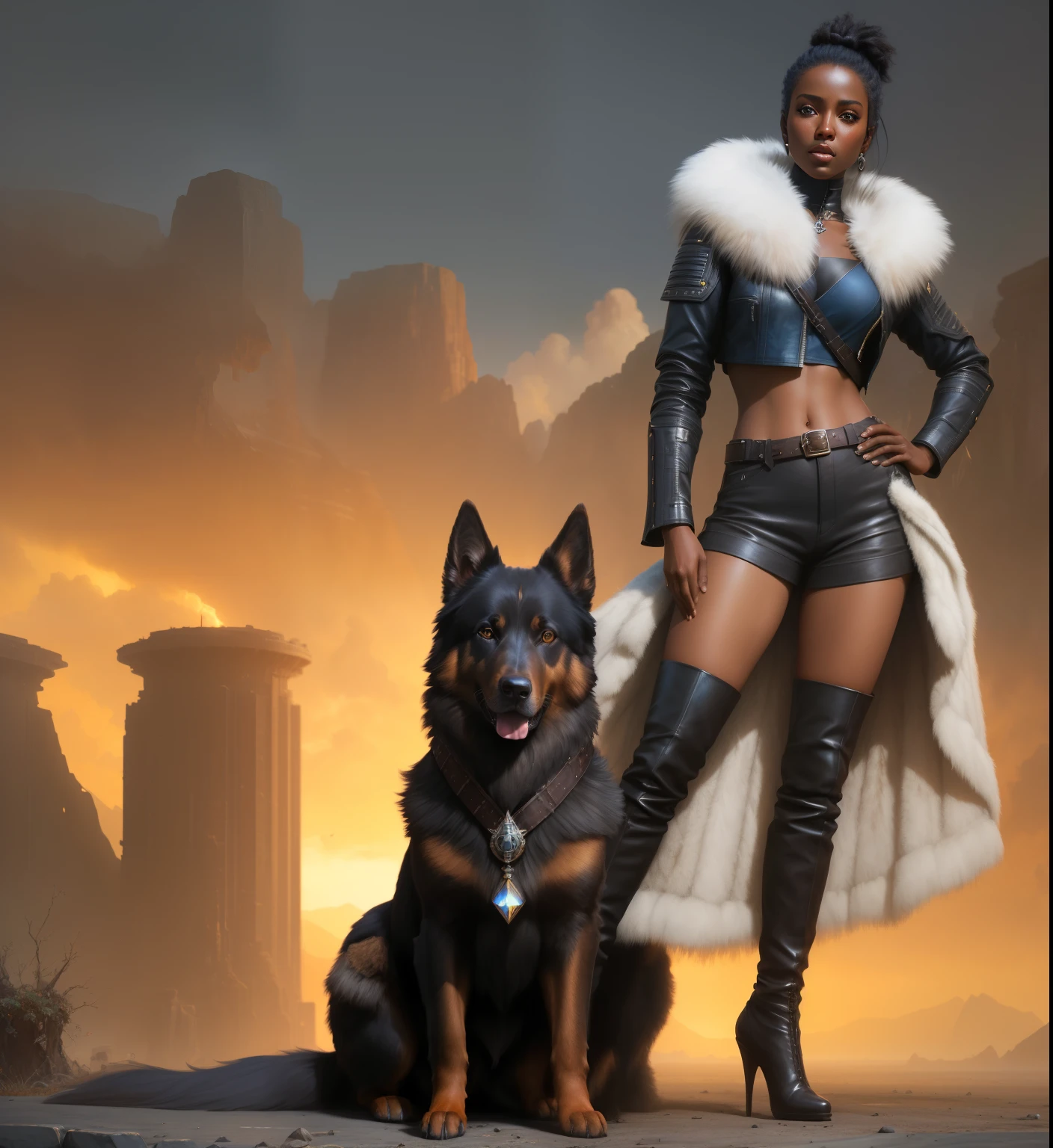 Beautiful dark skinned Ebony treasure hunter, perfect face, wearing leather jacket with fur collar, thigh high boots, blue jeans, desolate ruins in the background, in the style of Artgerm and Greg Rutkowski and Boris Vallejo, 
volumetric lighting, sharp focus, a pet German Shepard, dog, digital Art, perfect composition, 
8 k artistic photography, photorealistic concept art, soft natural volumetric cinematic perfect light, 
masterpiece, oil on canvas, raphael, caravaggio, greg rutkowski, beeple, beksinski