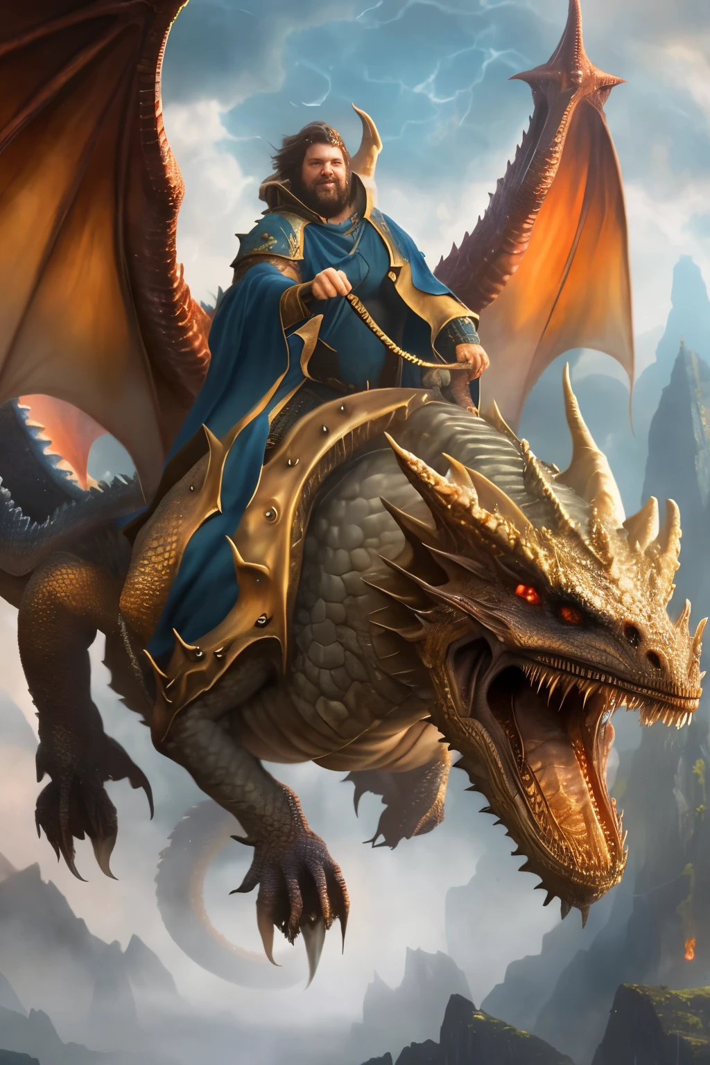 there is a man riding a dragon, dragon rider, fat dragon with rider, hyperrealistic d & d fantasy art, charging through a dragons lair, realistic fantasy illustration, fantasy rpg book illustration, epic fantasy novel cover art