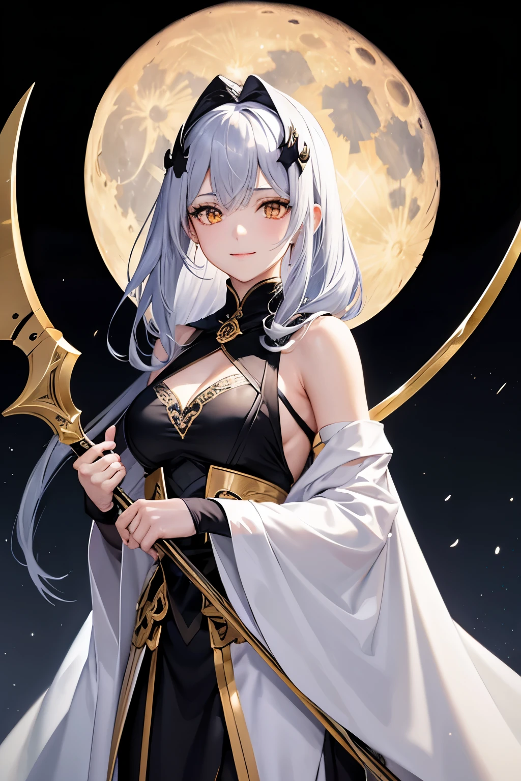 (high quality、masterpiece、detailed、normal body)A beautiful girl with a death scythe in her right hand:1.4、Executioners、She has silver hair that is dyed black towards the tips.、Golden eyes emit a mysterious light、Wearing a mysterious black robe、wearing a white skirt:1.2、racy costume、transparent costume:1.3、The moon phases are lined up behind、smiling shyly、Crescent moon crest on forehead、He has a long-handled scythe:1.5、The right half of his face is covered with a mask