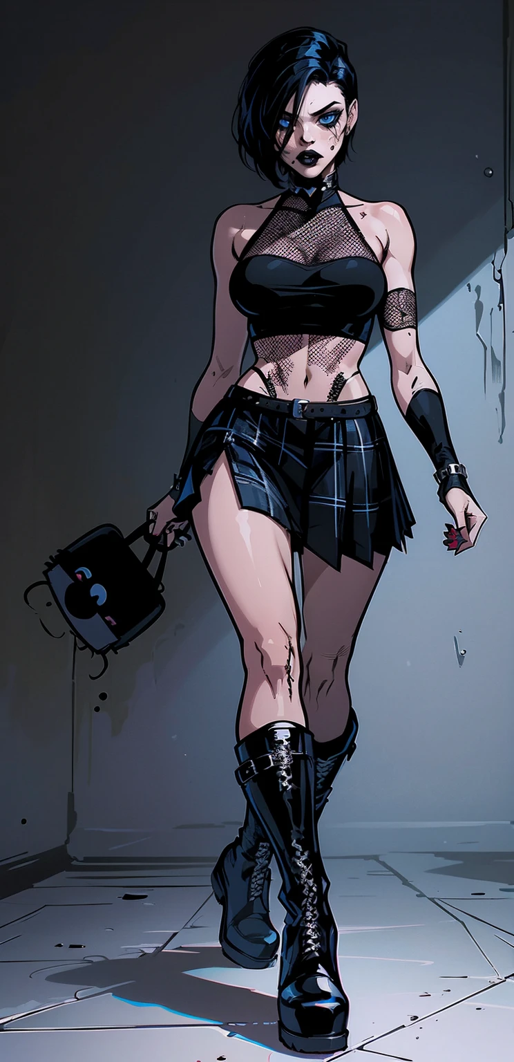 a woman with short black hair, hair on shoulders,  wearing a black cropped  and plaid skirt, blue eyes, zombie art, gothic art, cute aesthetic with vibe, toon aesthetic, wearing red costume, wearing gothic accessories, look like Cassie Hack, whole body, walking on the floor, black boots, white background