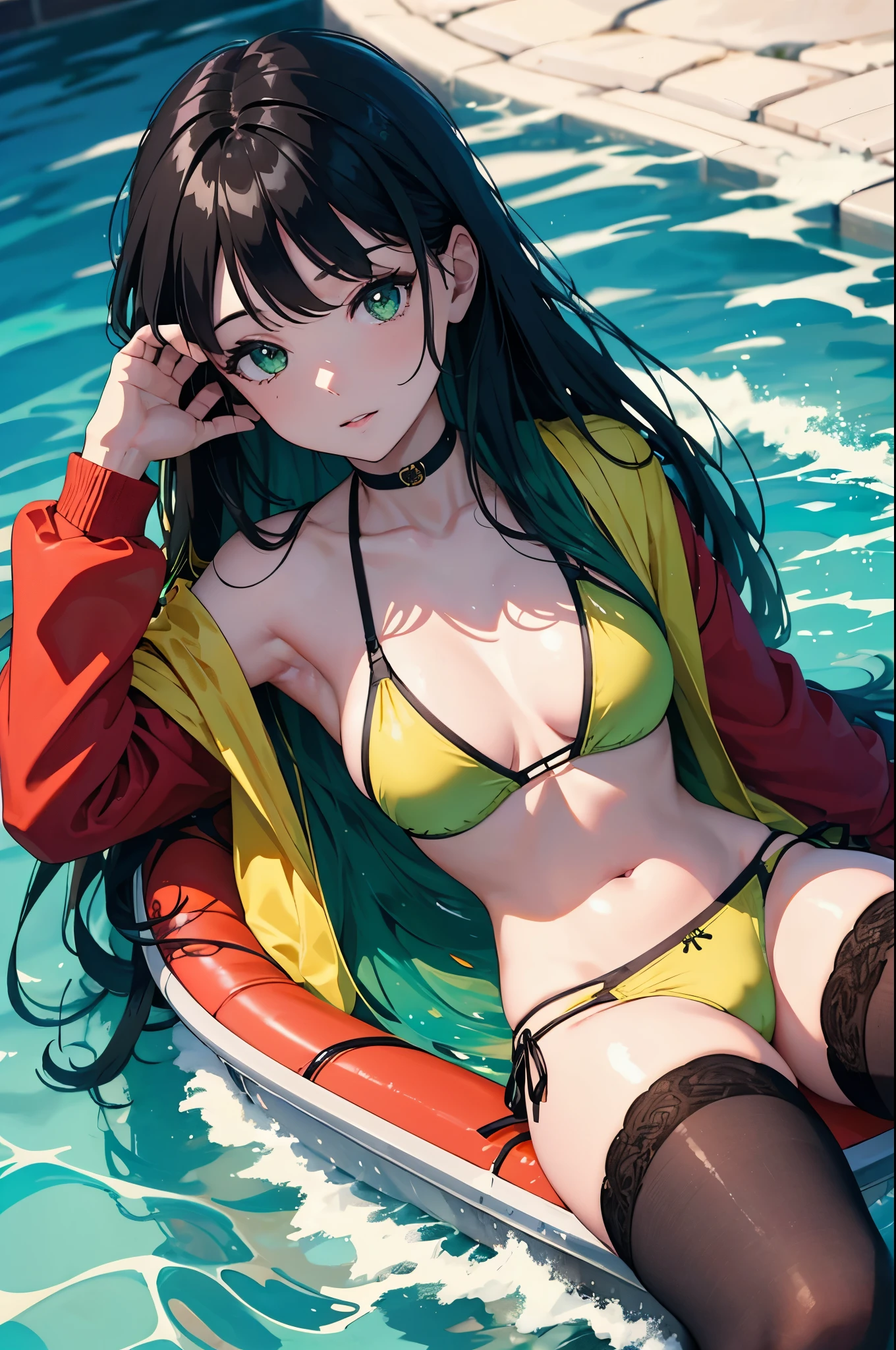 (masterpiece),4k, (ultra realistic), (best quality), (high detailed face),sexy, 1girl, a beautiful japanese girl standing nearby the lake, slim, long legs, (bikini), (flat chested), (black stocking), (pubic hair), (green hair, green eyes), (from above view), anime