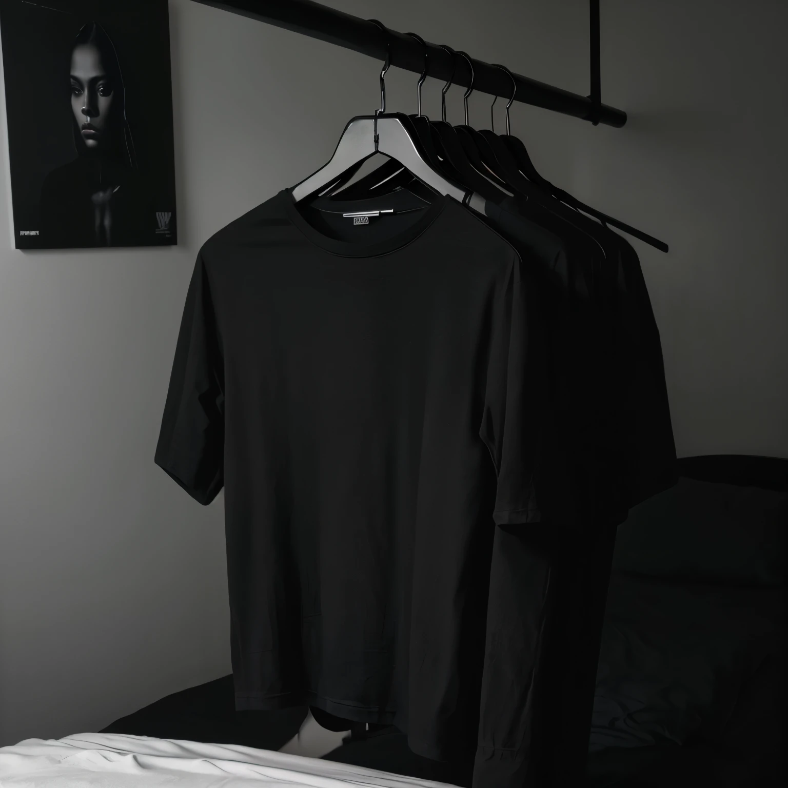 black tshirt on a hanger on top of a black bed in a black modern bedroom, Dark Aesthetic, black aesthetic luxury