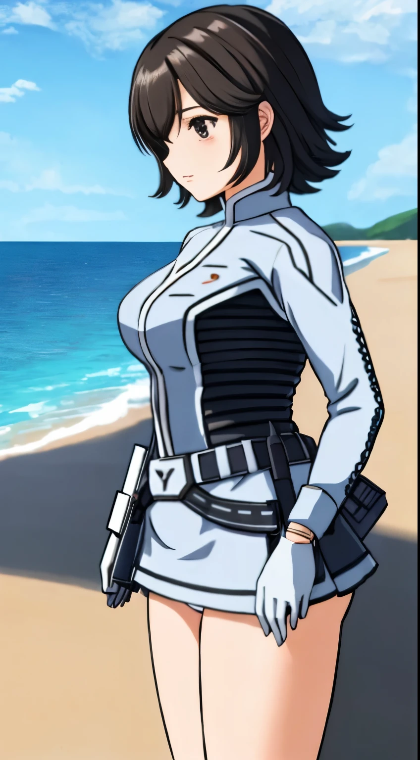 Ultra Seven member Anne、mini skirt、Ultra Guard Uniform、mini skirtバージョンの制服、white panties、beautiful woman、Anime girl in a white suit standing on the beach near the sea, shiny white armor,white panties、 blowjob white mecha, marin kitagawa fanart, Spy x Family Anya, official art, official character art, !!full body portrait!!, future anime girl, portrait anime space cadet girl, perfect anime cyborg woman, Highly detailed exquisite fan art, different suit, shinkai makoto