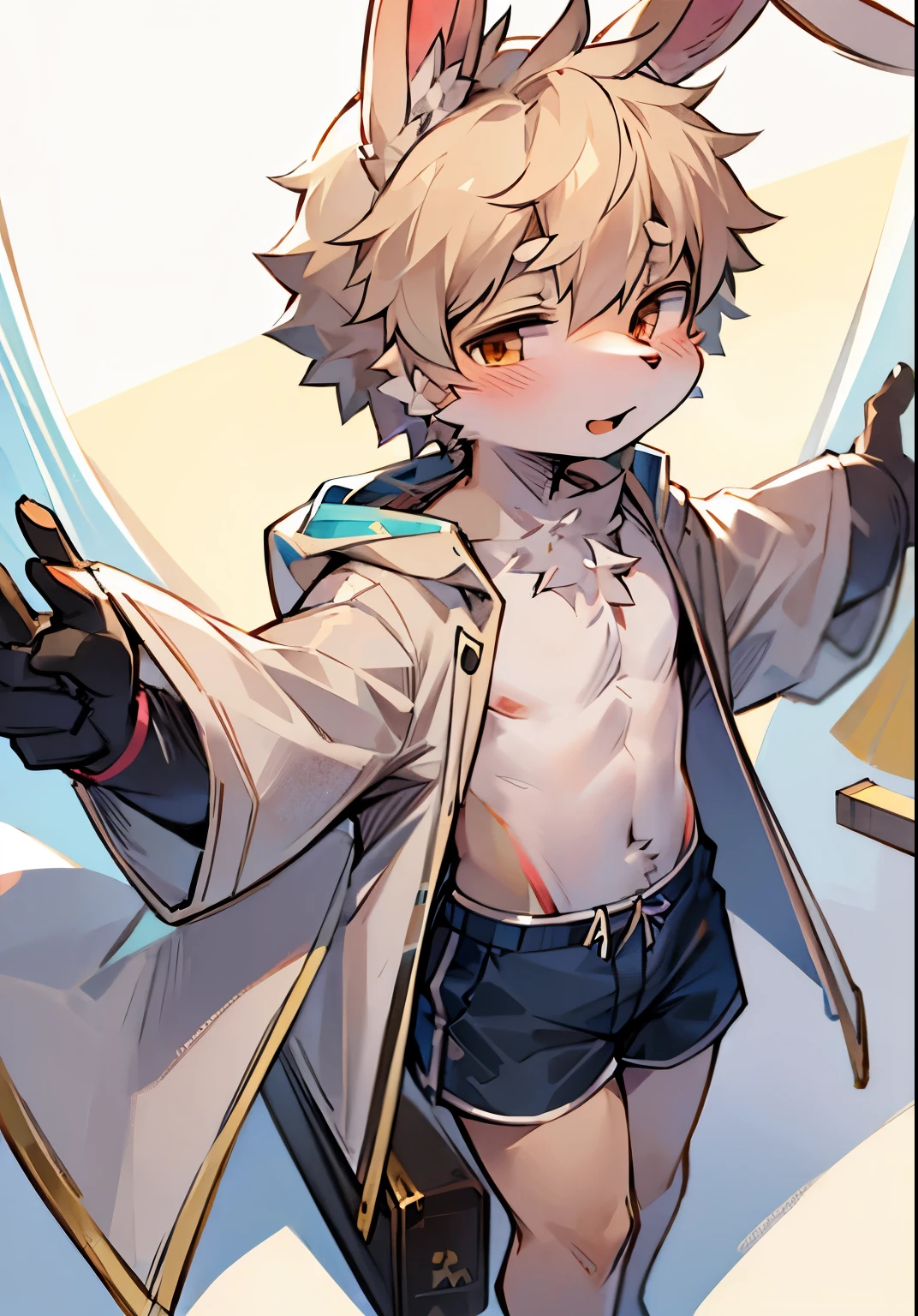 bunny boy，bunny ears，Rabbits have long ears，male focus，furry men ，Furry Shota，One meter six height，summer coat，short sleeves，shorts