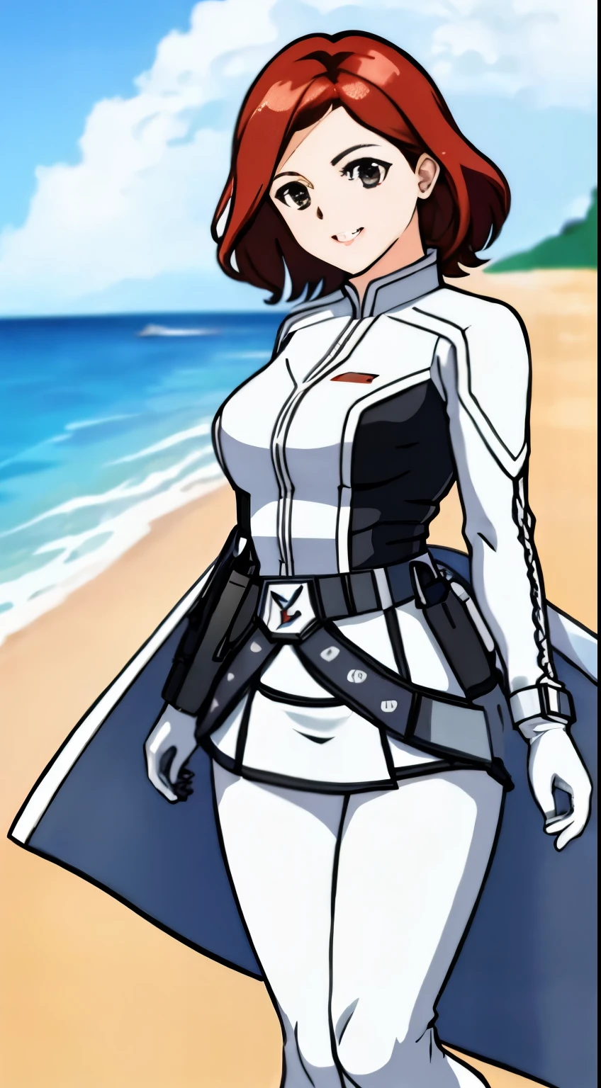 Ultra Seven member Anne、mini skirt、Ultra Guard Uniform、mini skirtバージョンの制服、white panties、beautiful woman、Anime girl in a white suit standing on the beach near the sea, shiny white armor,white panties、 blowjob white mecha, marin kitagawa fanart, Spy x Family Anya, official art, official character art, !!full body portrait!!, future anime girl, portrait anime space cadet girl, perfect anime cyborg woman, Highly detailed exquisite fan art, different suit, shinkai makoto