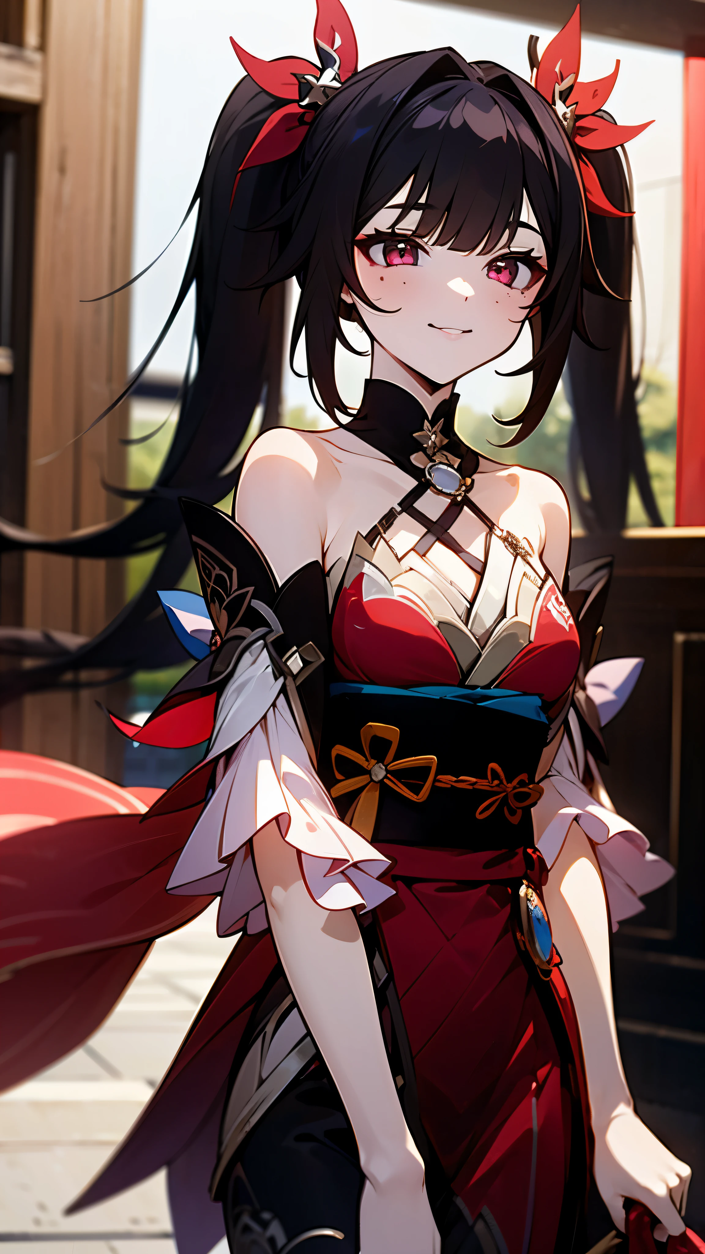 1girl, sparkle from honkai star rail, black twintail hair, red eyes, wearing her outfit, japanese mask, doing daily activities, outdoor, very detailed background, many furnitures, masterpiece, highres, ultrahd, shrine, night time