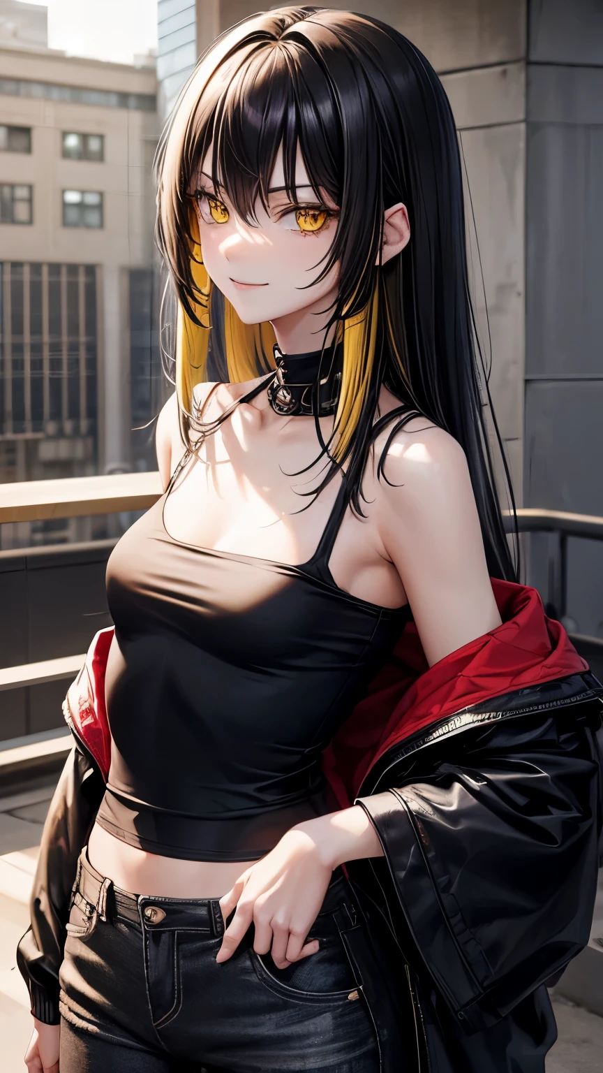20 years old Japanese lady (( small breast, slender)), jet-black very shaggy hair ((medium length hair , much flipped hair )),(( so much shaggy forelock))(( some yellow highlights, some blonde highlights)), BREAK, keen and sharp eyes ((shiny yellow eyes)), eyelashes, BREAK, punk fashion ((black off-shoulder shirt and black short damaged pants)), black damaged overcoat , fishnets tights, fearless and sharp smiling, lonely and unapproachable atmosphere,((face focus)), looking down pose