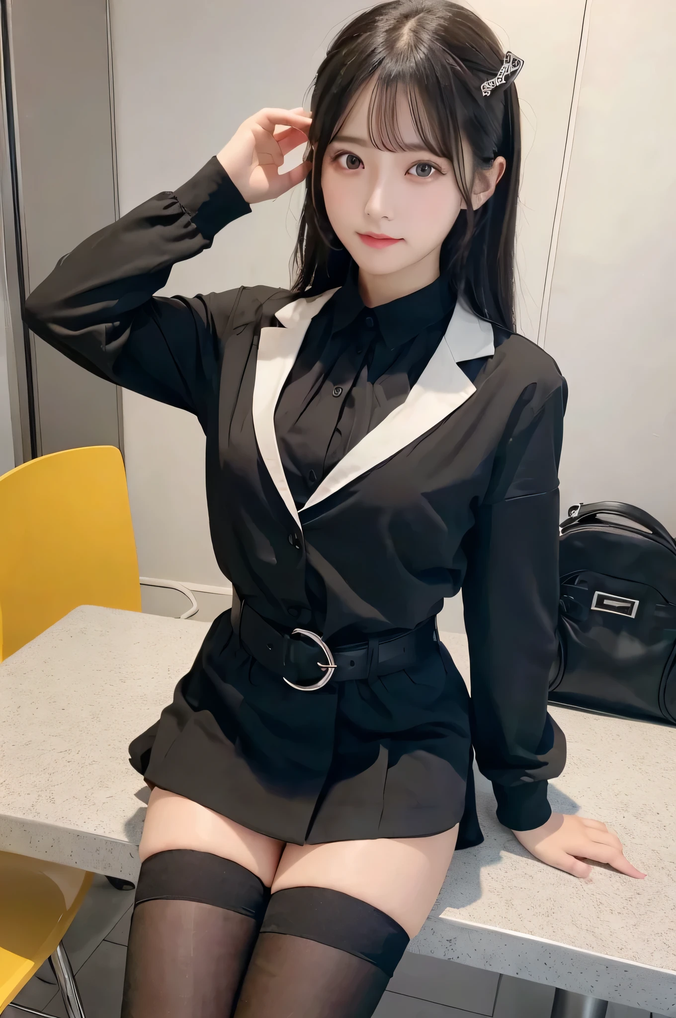 Top Quality, Masterpiece, 8K, Ultra High Definition, (Photorealistic: 1.4), 1 Girl, Beautiful Face, Symmetrical Eyes, Big adorable eyes, Perfect Body Proportions, Stewardess Uniform, Viewer's Look, stand up, front View, Shoulder Jump, Absolute Area (1.3), Extremely high resolution, silky smooth skin, depth of field, detailed face and eyes, white color uniform, big black detailed belt, tight skirt, hat like a flight attendant wearing, navy hat, bun hair, colorful flowers on the hair, braid, colorful scarf, long beautiful legs, black stockings, sexy, no sleeves, beautiful clavicle