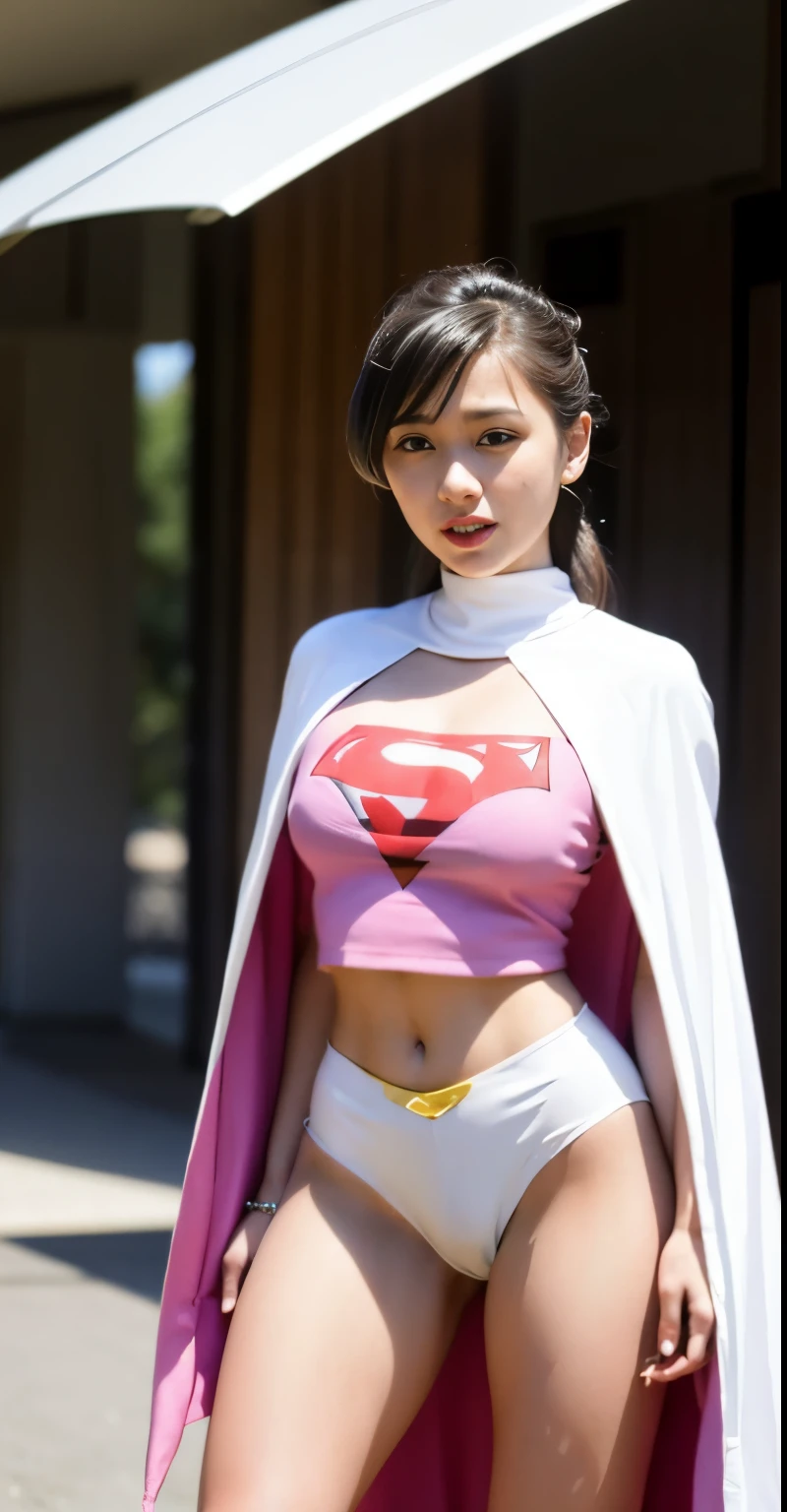 Highest image quality、real image、18-year-old美少女、beautiful woman、beautiful sister、A woman wearing a pink dress and cloak is standing in front of a building, white panties、18-year-oldの女の子,Jun the Swan、science ninja、beautiful woman、 As a retro-futuristic heroine, 18-year-old、As a retro-futuristic heroine, white panties、beautiful thighs、sheila, she - ra, anime female hero portrait, Portrait of a modern dharna, anime visual of super girl, super girl, official art, Dinah Drake, hironaka, blowjob white mecha