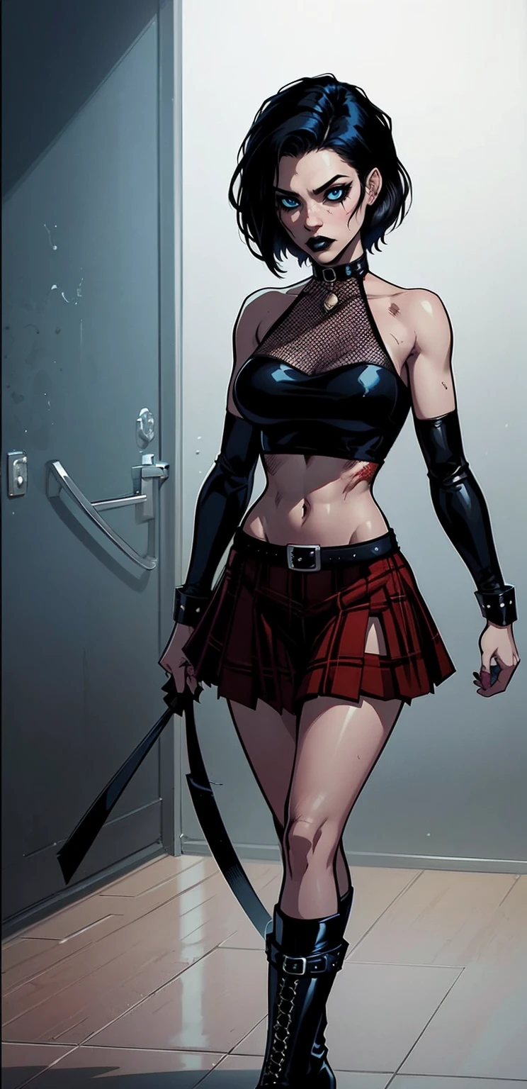 a woman with short black hair, hair on shoulders,  wearing a black cropped  and plaid skirt, blue eyes, zombie art, gothic art, cute aesthetic with vibe, toon aesthetic, wearing red costume, wearing gothic accessories, look like Cassie Hack, whole body, walking on the floor, black boots, white background
