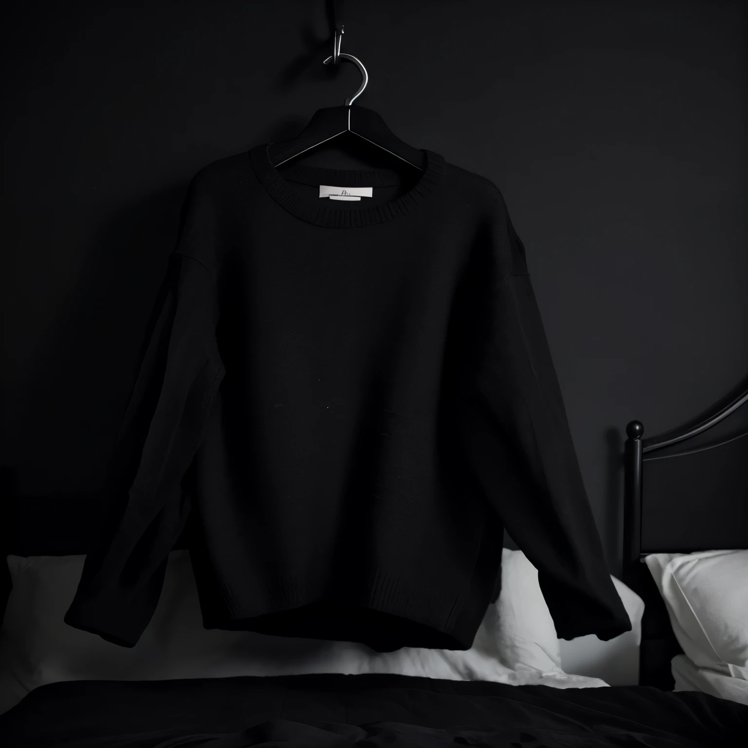 black sweater on a hanger on top of a black bed in a black modern bedroom, Dark Aesthetic, black aesthetic luxury