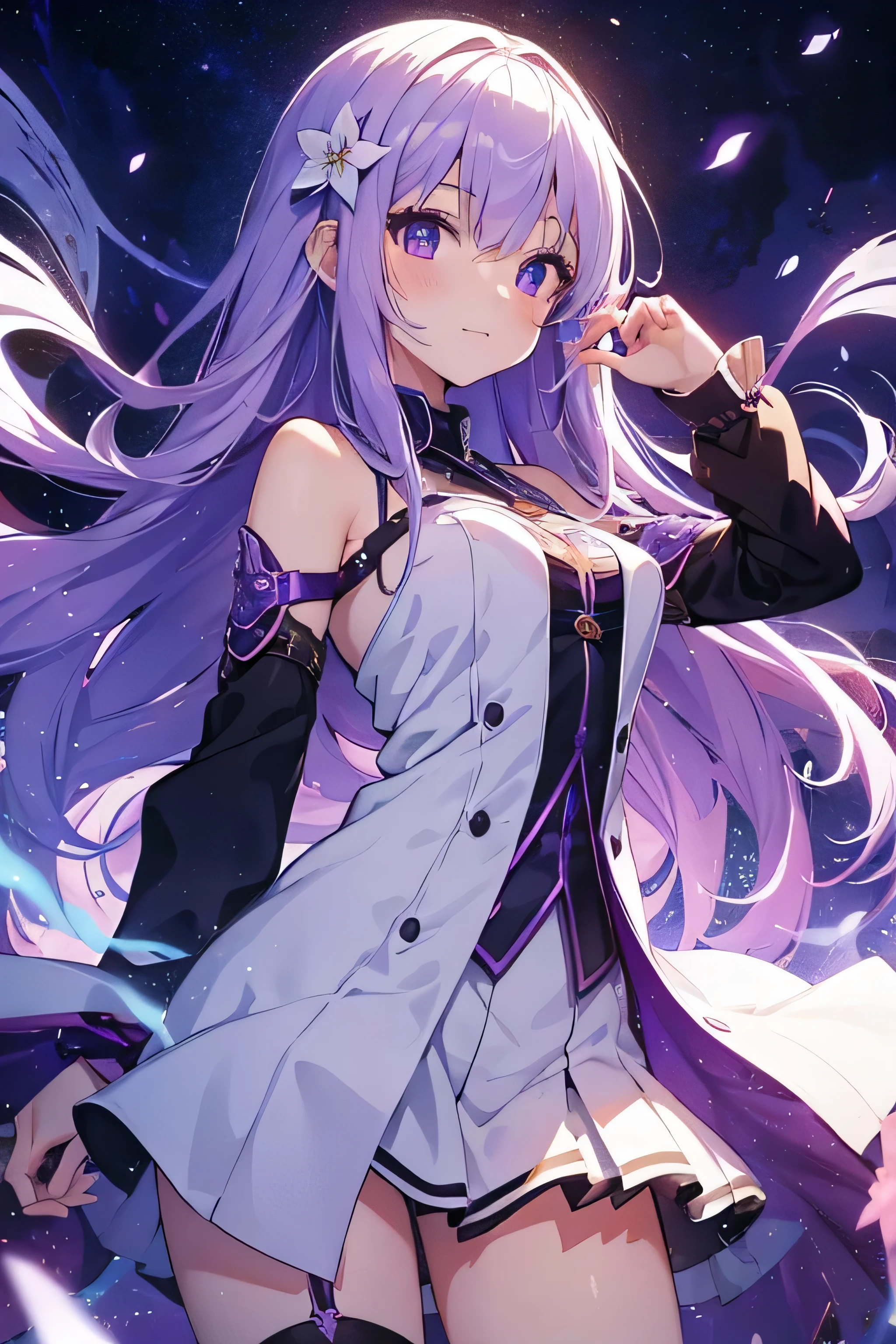 beautiful illustration, best quality, cute girl, fractal art, ****face, long pure white and purple mesh hair, beautiful detailed purple eyes, cinematic lighting, cowboy shot, looking at viewer, happy, anime style, wrist band