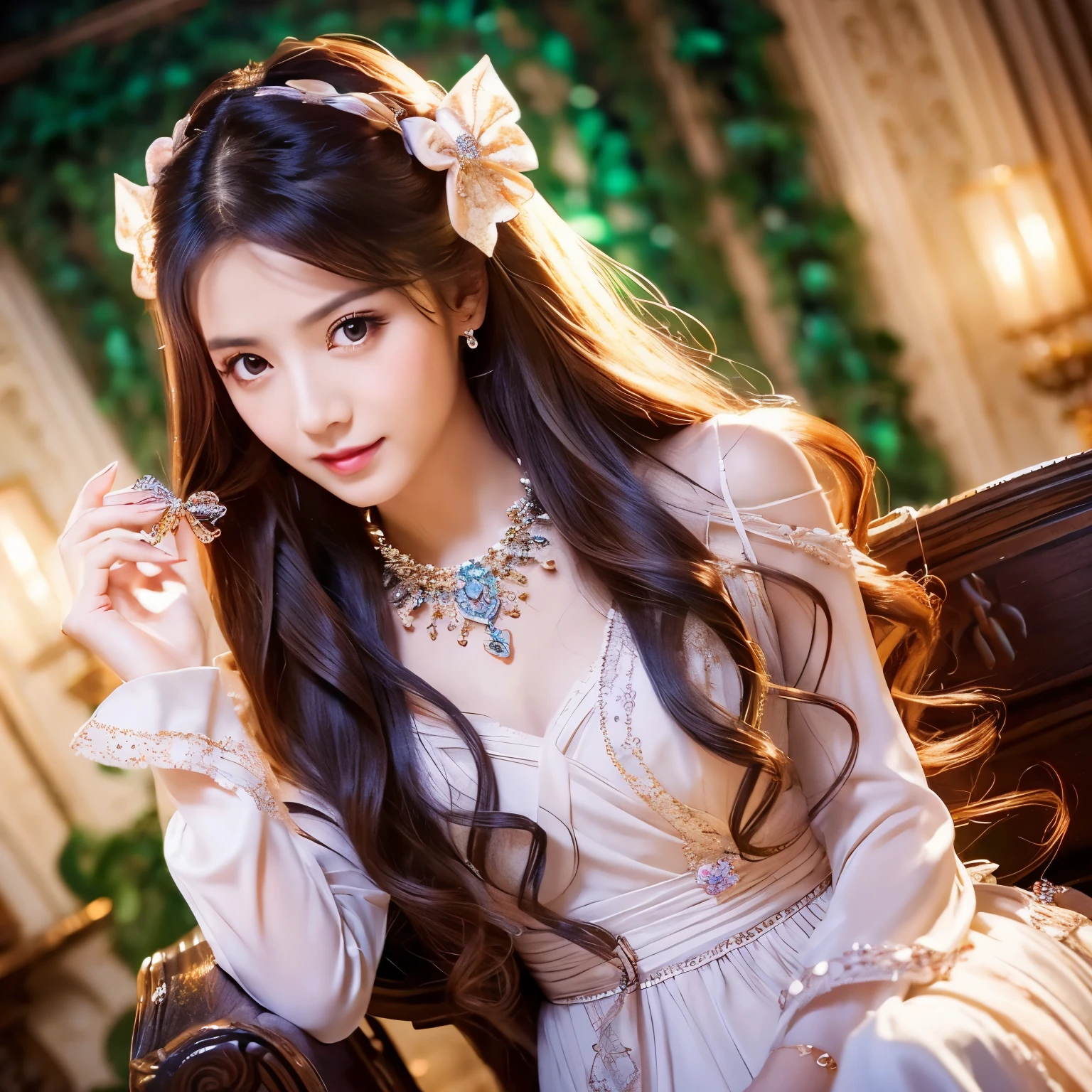 1girl, long hair, bright hair color, seductive eyes, mysterious expression, mature appearance, charming dress, flowing dress, elegant jewelry, intricate decoration, magic symbols, glowing accessories, potions, scrolls, cute accents, bows, ribbons, flowers,ekspose niples