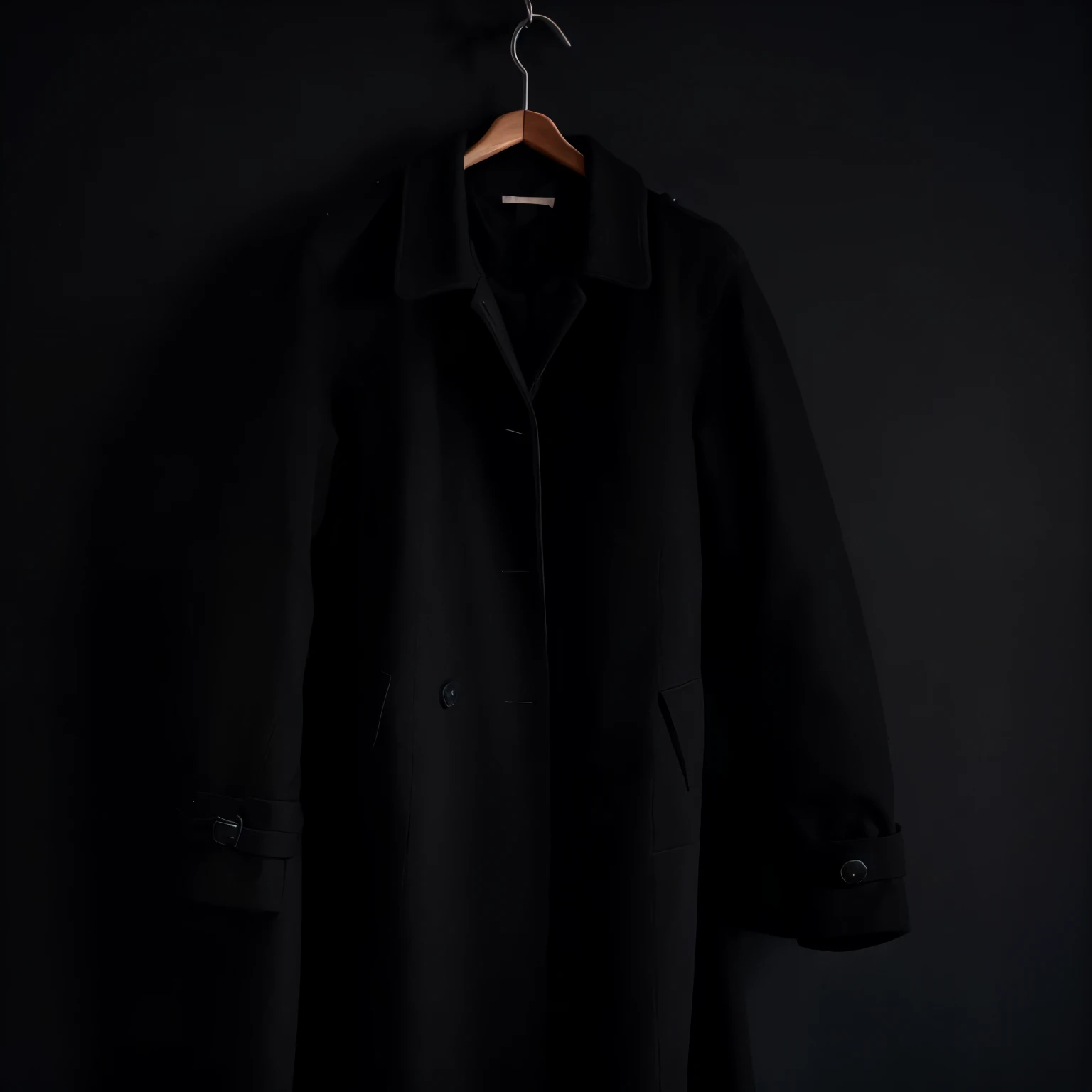 black overcoat on a hanger on the wall in a black modern bedroom, Dark Aesthetic, black aesthetic luxury