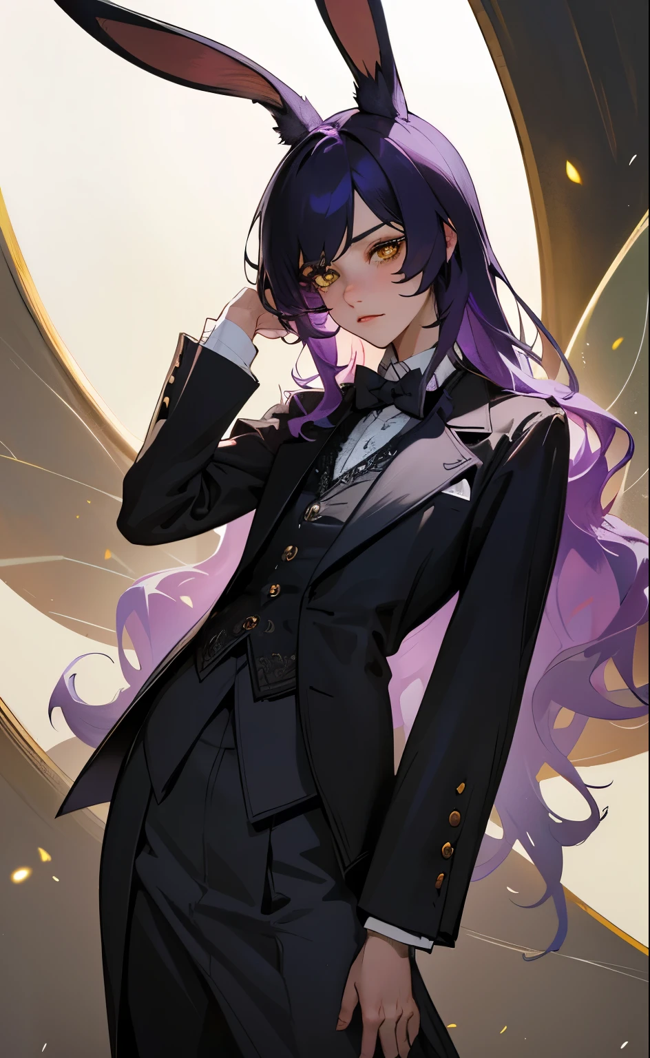 (Photorealistic:1.3), ​masterpiece, top-quality, (intricate details:1.2), 美丽的面容, 1girl, revealing butler outfit, sexy revealing outfit, cropped tailcoat, androgynous, boyish features, white perked rabbit ears, tired yellow eyes, fairy, dusty pale purple hair, flat bangs, wavy long hair, yellow insect fairy wings, tired, eerie lighting, young, dynamic pose