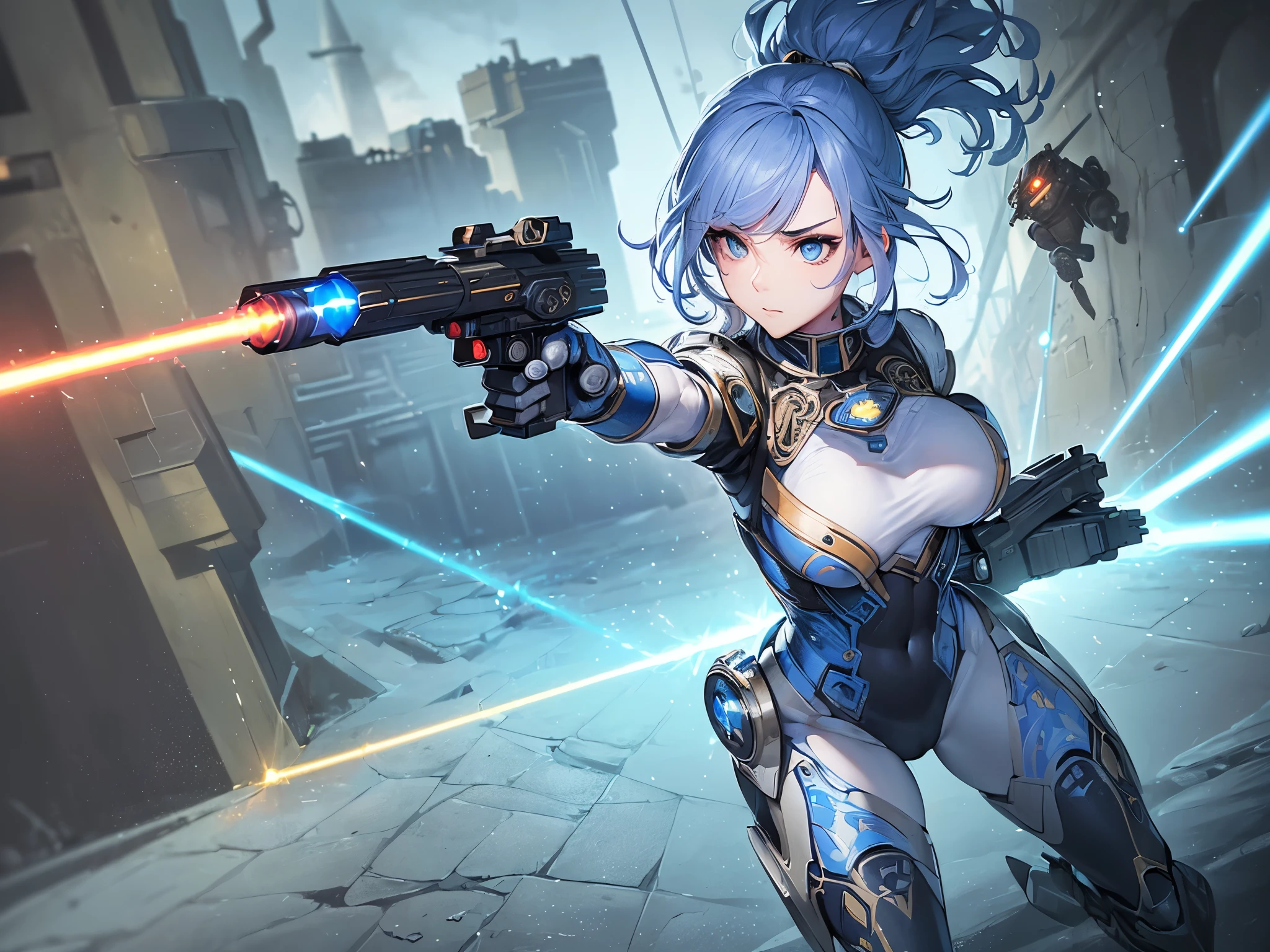 ((highest quality)),(ultra high resolution),(Super detailed),(detailed description),((best CG)),(best work of art),super precision art,amazing drawing art,(Sci-fi art with precise details:1.5), (1 female:1.5),((Combatant:1.6)),(beautiful and well-shaped face:1.5),(well-proportioned proportions:1.5),(Bright blue eyes:1.5),(A sci-fi battle uniform with a intricately detailed design.:1.6),(income:1.4),(firing a laser gun:1.4),dynamic pose:1.5, (Mechanized animals depicted in precise detail:1.4),