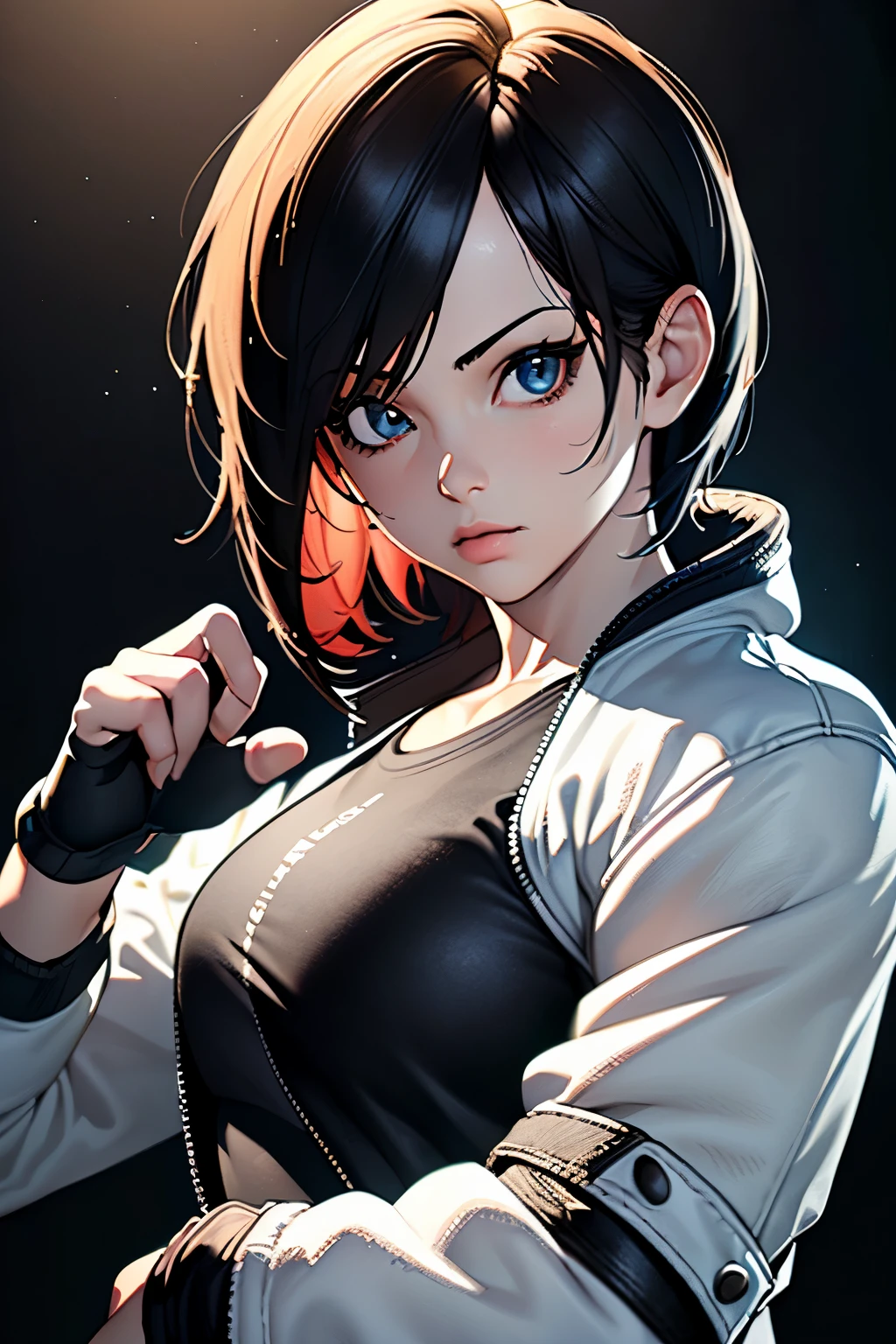 (best quality, highres, ultra-detailed, realistic:1.37), 1 girl, fingerless black gloves pointing upwards, wearing a white jacket, jeans, and a black t-shirt with a white cross, inspired by The King of Fighters style, vivid colors, sharp focus, portraits, medium: digital painting, with a cool-toned color palette, dynamic lighting