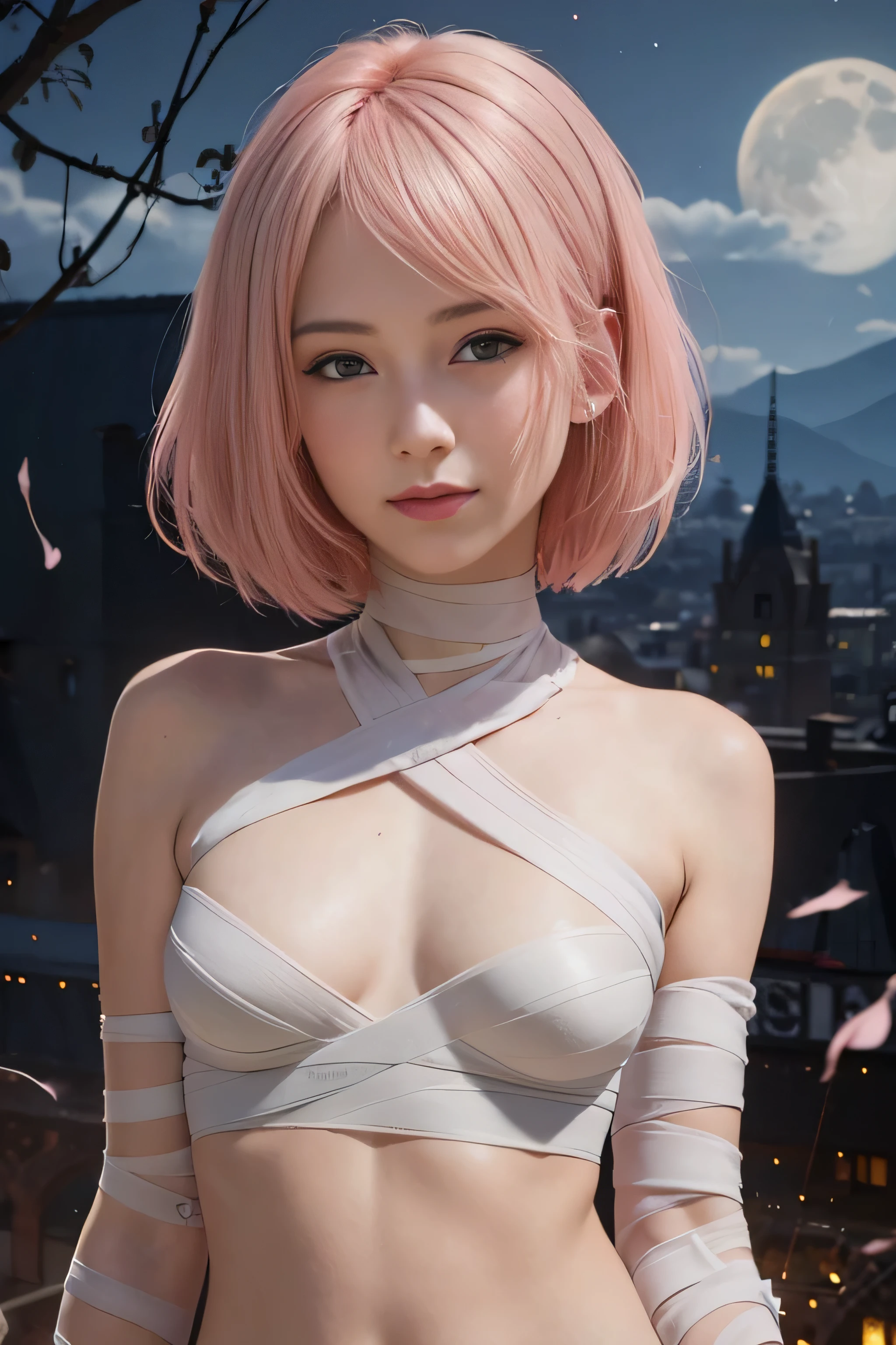 masterpiece, best quality, (realistic,photo-realistic:1.4), (RAW photo:1.2), extremely detailed CG unity 8k wallpaper, delicate and beautiful, amazing,finely detail, official art, absurdres, incredibly absurdres, huge filesize, ultra-detailed,extremely detailed eyes and face,light on face,(little smile),(pink hair:1.4),(short hair:1.6),(bandage body :1.5),moon,night
