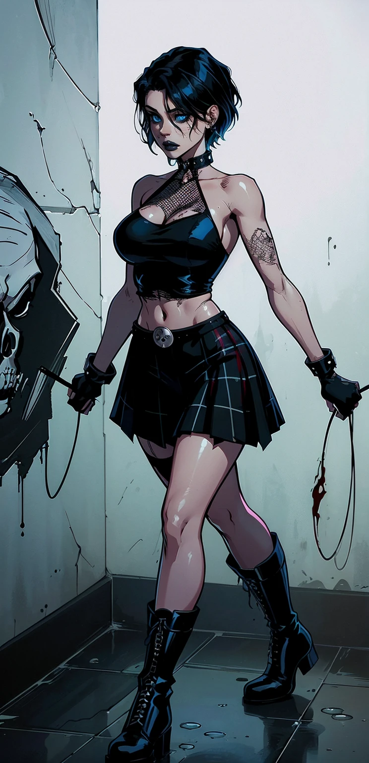 a woman with short black hair, hair on shoulders, wearing a black cropped and plaid skirt, blue eyes, zombie art, gothic art, cute aesthetic with vibe, toon aesthetic, wearing red costume, wearing gothic accessories, look like Cassie Hack, whole body, walking on the floor, holdilng a skull in her hands, black boots, white background