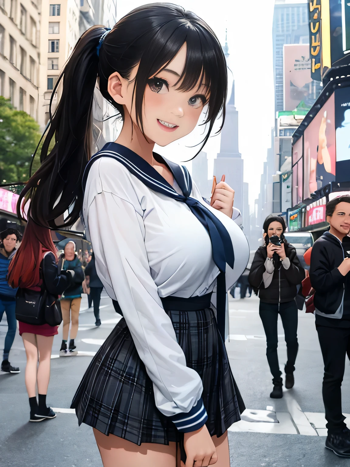 highest quality、High resolution、detailed background、beautiful and detailed face、beautiful and smooth skin、skin texture、professional lighting、Beautiful girl、((three women))、(huge breasts: 1.2)、
short sailor suit、Pleated mini skirt with tartan plaid pattern、side pony、ponytail、cute hairstyle、白いニーhigh socks、high socks、
Sightseeing trips、laughter、smile、sexual expression、
new york、statue of liberty、Empire State Building、Times square、central park、
Paris、eiffel tower、Louvre Museum、Champs Elysées、Notre Dame Cathedral、
You can also take photos with famous landmarks and symbols of your travel destination.、Take group and individual photos at famous tourist spots、
Enjoy panoramic views、Pose with buildings and landscapes in the background