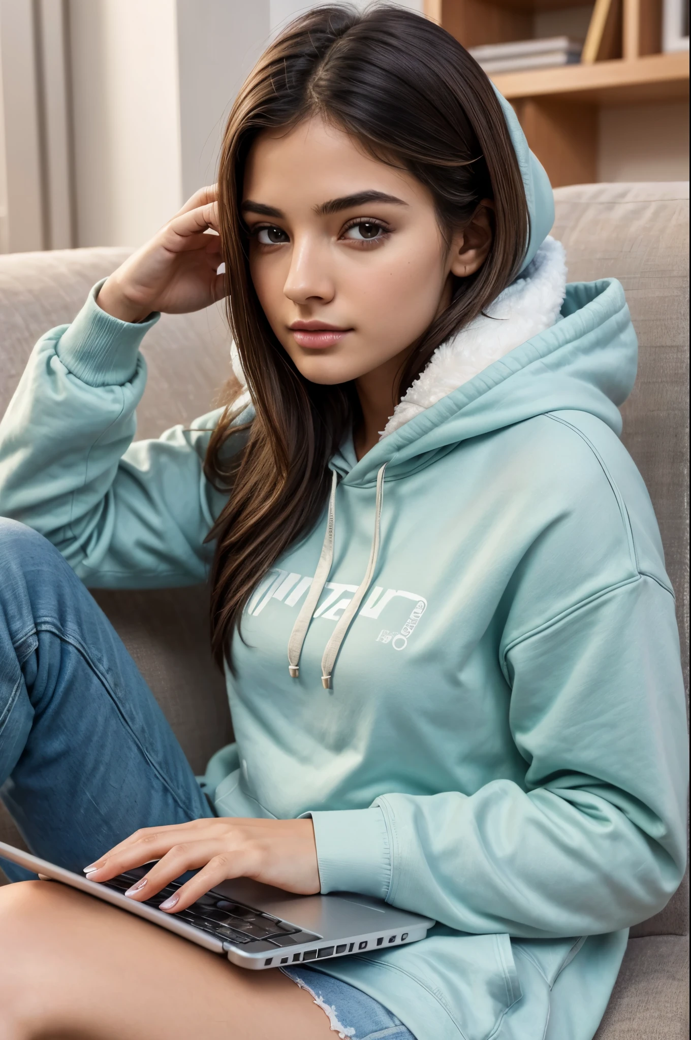 masterpiece, best quality, extremely detailed, hyperrealistic1.1, photorealistic:1.2, a pretty girl with laptop:1.3, hoodie, sitting on the sofa, perfect hands, perfect fingers:1.2, serene