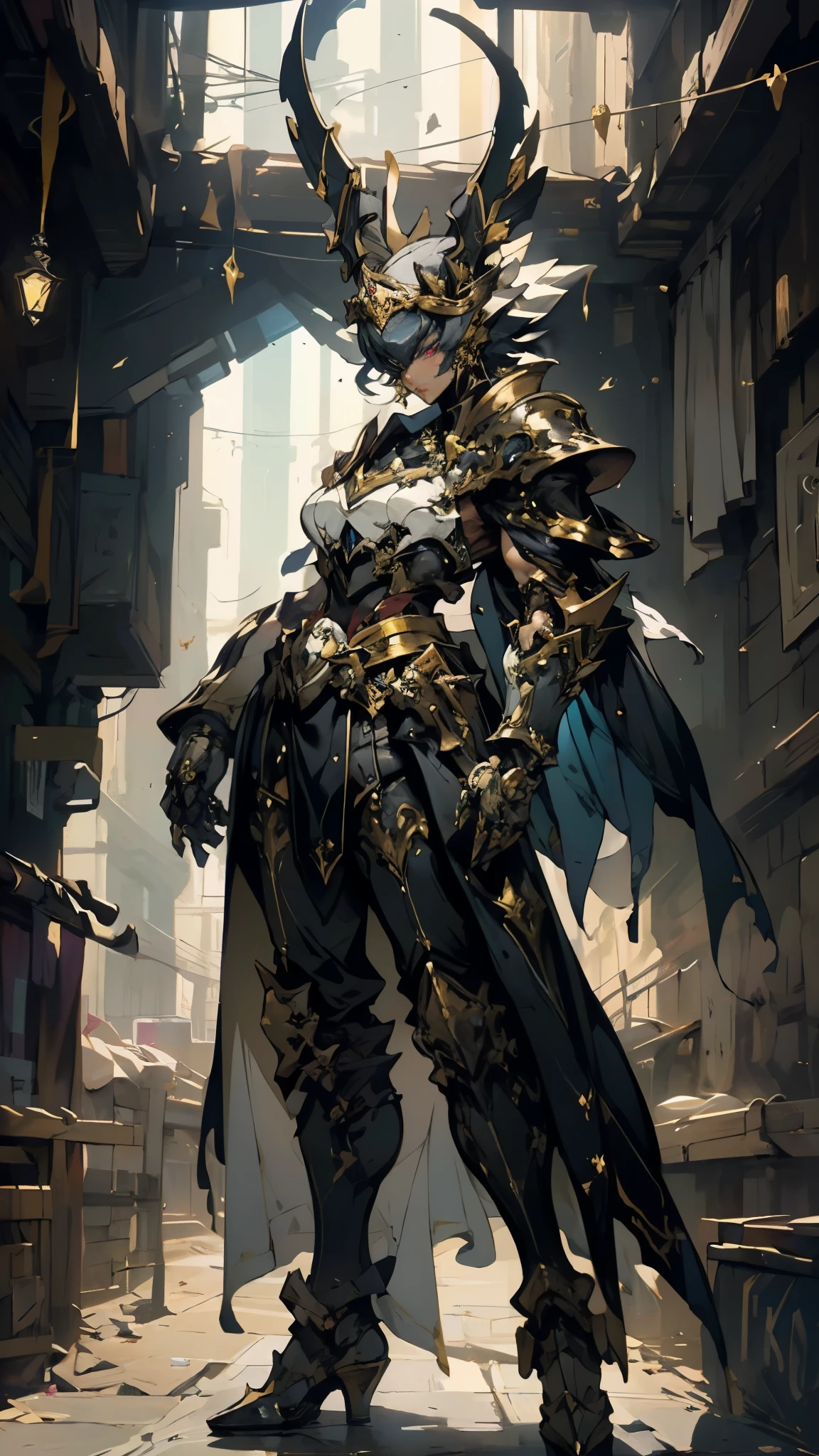 A woman adorned in fantasy-style full-body armor, a crown-concept fully enclosed helmet that unveils only her eyes, a composite layered chest plate, fully encompassing shoulder and hand guards, a lightweight waist armor, form-fitting shin guards, the overall design is heavy-duty yet flexible, (the armor gleams with a golden glow, complemented by red and blue accents), exhibiting a noble aura, she floats above a fantasy-surreal high-tech city, this character embodies a finely crafted fantasy-surreal style armored hero in anime style, exquisite and mature manga art style, (mixture of Queen bee and Spider concept Armor, plasma), ((Element, elegant, goddess, femminine:1.5)), metallic, high definition, best quality, highres, ultra-detailed, ultra-fine painting, extremely delicate, professional, anatomically correct, symmetrical face, extremely detailed eyes and face, high quality eyes, creativity, RAW photo, UHD, 32k, Natural light, cinematic lighting, masterpiece-anatomy-perfect, masterpiece:1.5