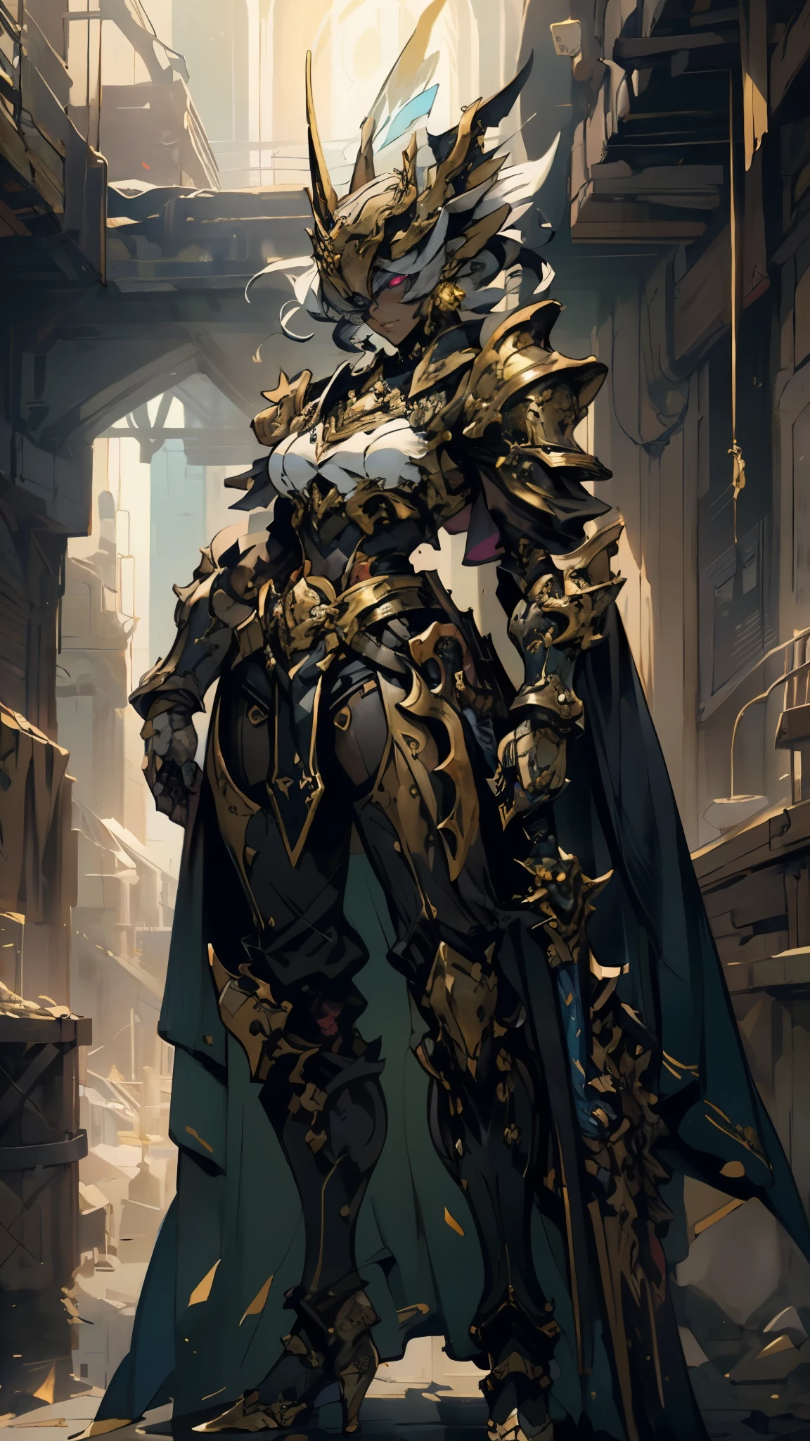 A woman adorned in fantasy-style full-body armor, a crown-concept fully enclosed helmet that unveils only her eyes, a composite layered chest plate, fully encompassing shoulder and hand guards, a lightweight waist armor, form-fitting shin guards, the overall design is heavy-duty yet flexible, (the armor gleams with a golden glow, complemented by red and blue accents), exhibiting a noble aura, she floats above a fantasy-surreal high-tech city, this character embodies a finely crafted fantasy-surreal style armored hero in anime style, exquisite and mature manga art style, (mixture of Queen bee and Spider concept Armor, plasma), ((Element, elegant, goddess, femminine:1.5)), metallic, high definition, best quality, highres, ultra-detailed, ultra-fine painting, extremely delicate, professional, anatomically correct, symmetrical face, extremely detailed eyes and face, high quality eyes, creativity, RAW photo, UHD, 32k, Natural light, cinematic lighting, masterpiece-anatomy-perfect, masterpiece:1.5