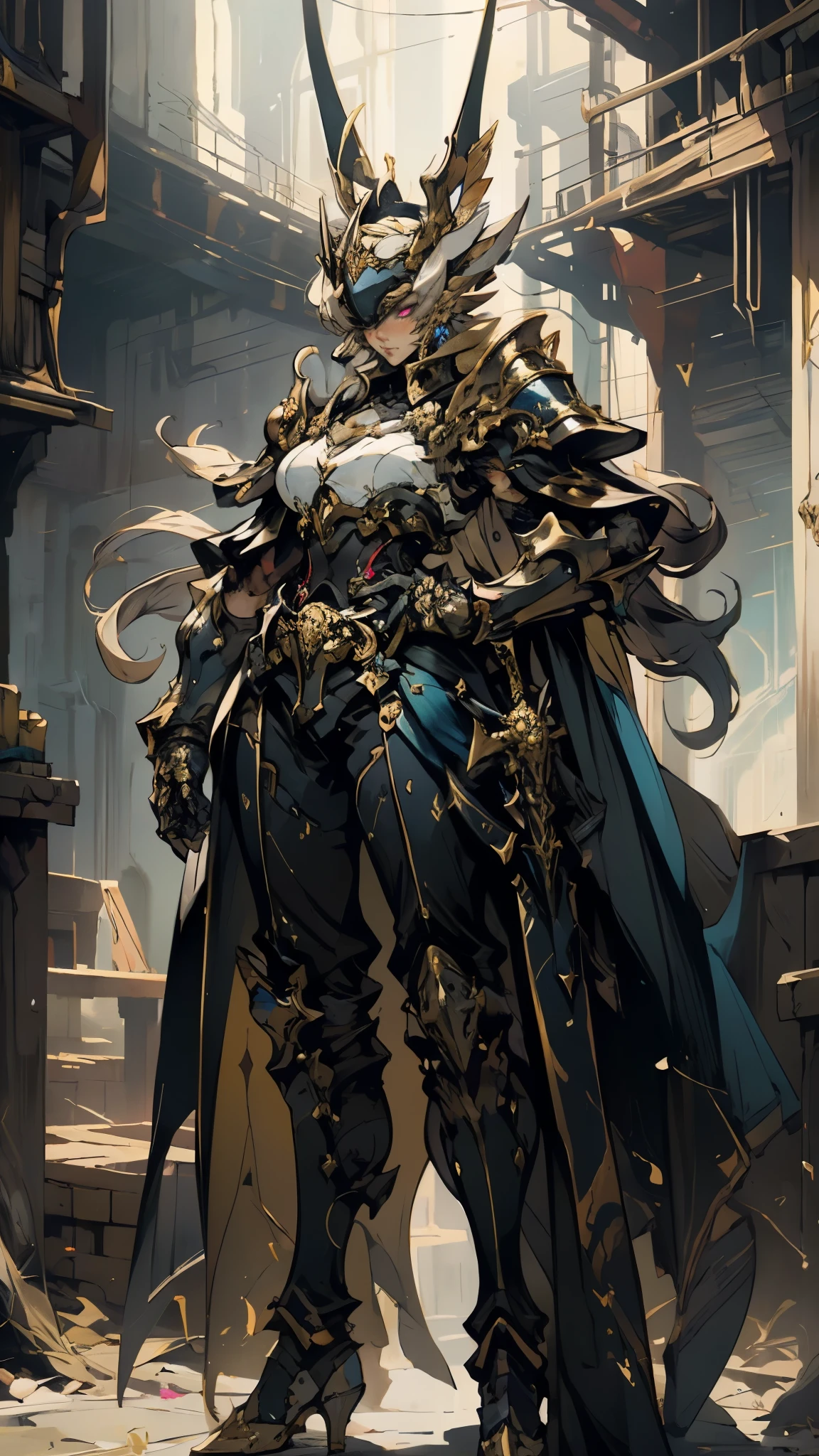 A woman adorned in fantasy-style full-body armor, a crown-concept fully enclosed helmet that unveils only her eyes, a composite layered chest plate, fully encompassing shoulder and hand guards, a lightweight waist armor, form-fitting shin guards, the overall design is heavy-duty yet flexible, (the armor gleams with a golden glow, complemented by red and blue accents), exhibiting a noble aura, she floats above a fantasy-surreal high-tech city, this character embodies a finely crafted fantasy-surreal style armored hero in anime style, exquisite and mature manga art style, (mixture of Queen bee and Spider concept Armor, plasma), ((Element, elegant, goddess, femminine:1.5)), metallic, high definition, best quality, highres, ultra-detailed, ultra-fine painting, extremely delicate, professional, anatomically correct, symmetrical face, extremely detailed eyes and face, high quality eyes, creativity, RAW photo, UHD, 32k, Natural light, cinematic lighting, masterpiece-anatomy-perfect, masterpiece:1.5