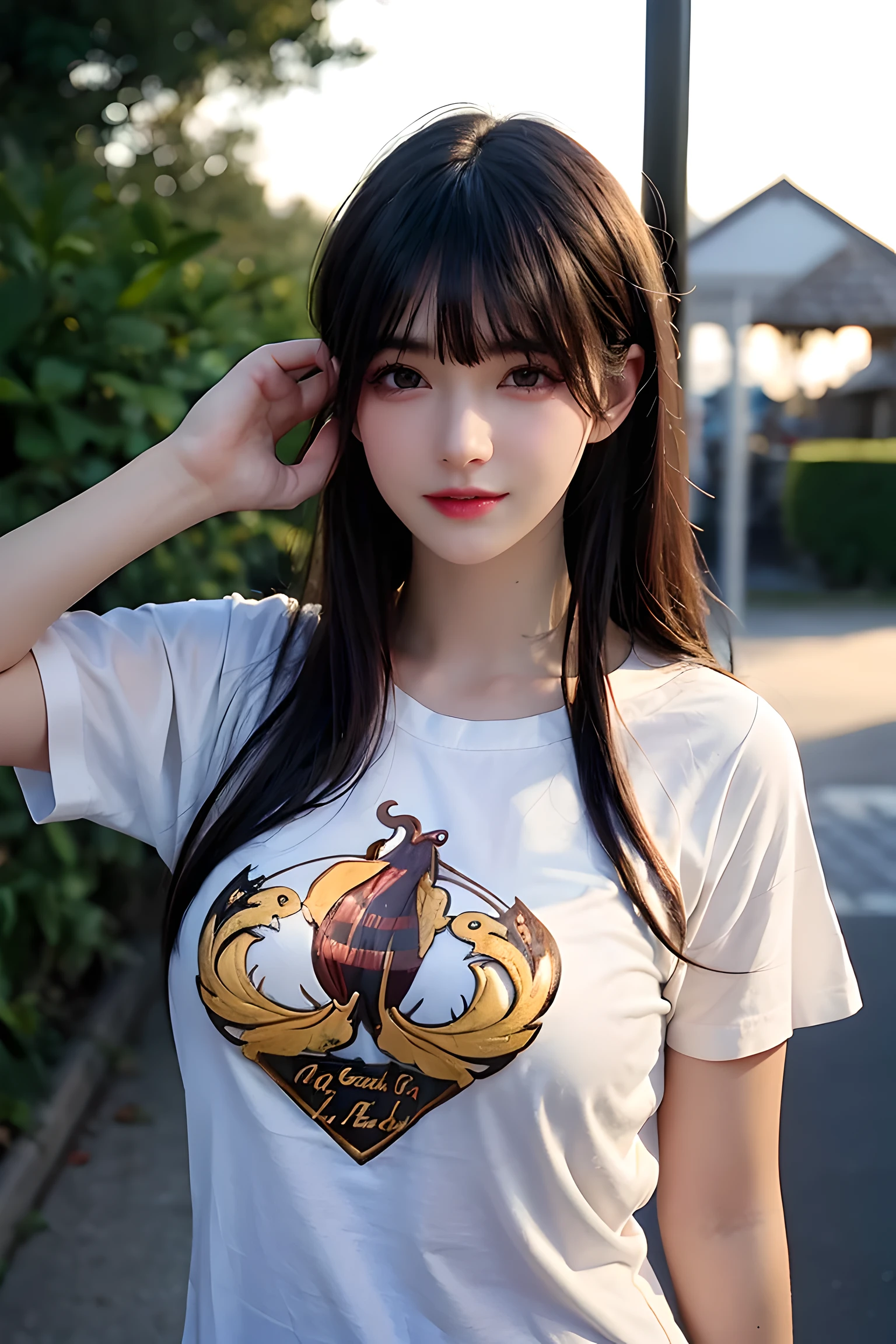((Realistic lighting, best quality, 8k, masterpiece: 1.3)), focus: 1.2, 1 girl, perfect body beauty: 1.4, Slim abs: 1.1, ((Dark brown hair)), (American retro sweet top design niche 2023 summer shoulder T-shirt short-sleeved French drawstring shorts for women: 1.4), (outdoor, night: 1.1), seaside, Super face slimming, beautiful eyes, double eyelids,
