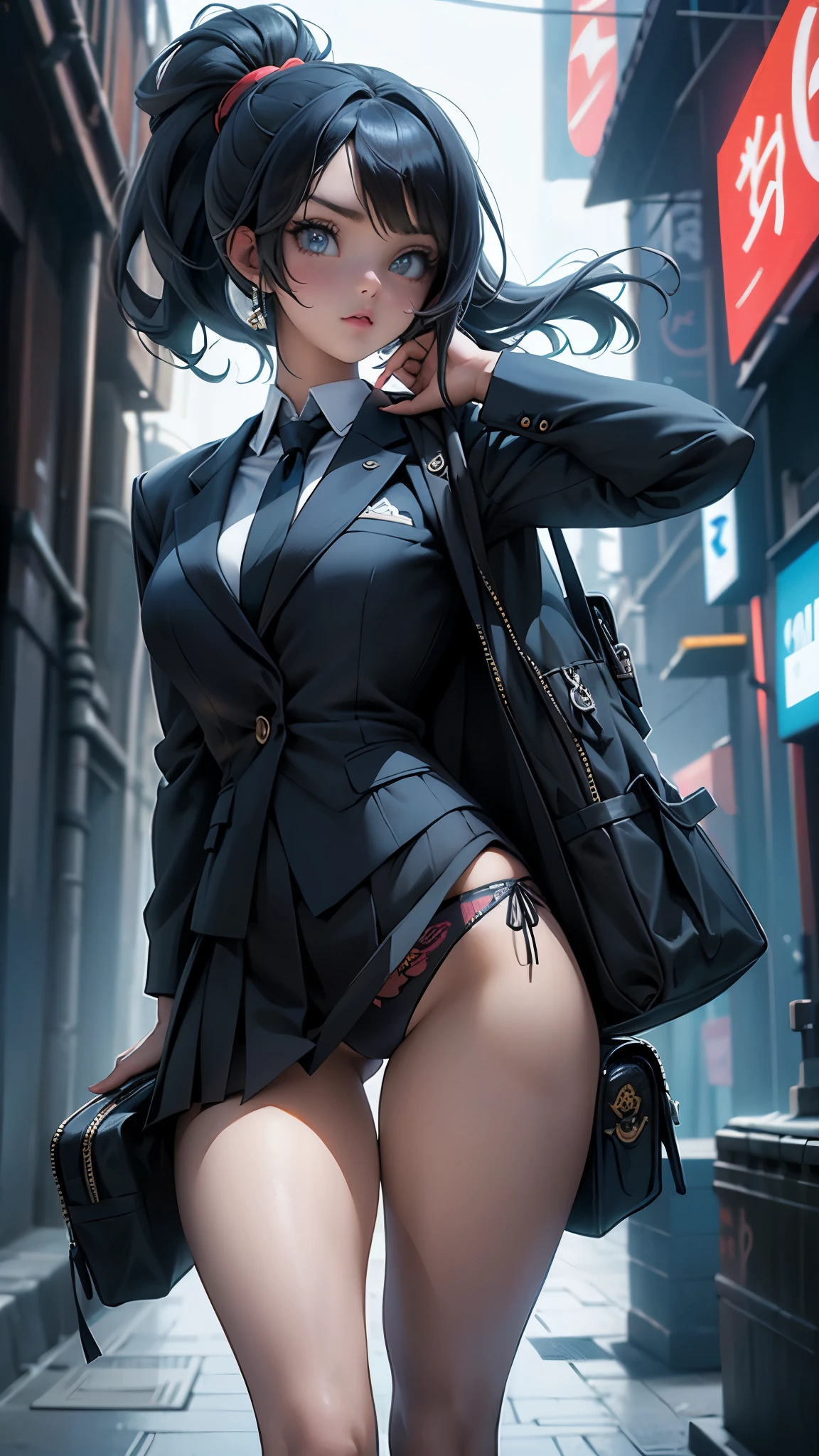  (La mejor calidad,A high resolution,Ultra - detallado,actual),Ariana Grande usando mochila negra, cool expression, tiro medio, 1 chica, Solo,, (FONDO ciudad Tokio , Fondo Tokio:1.4) , usando mochila negra, a girl in a school uniform, ojos azules detallados:1, Ojos medio cerrados, detailed tabs, ojos afilados, pelo azul real oscuro, pelo medio largo, hair behind the ear, side golpes, (Blazer negro, Falda plisada negra, medias negras), simple, frente al espectador, Manga illustration style, golpes, 18 years, classification: cuestionable, usando mochila negra, Correas negras:1, Blazer negro:1, chaqueta de manga larga,More detailed 8K.motor irreal:1.4,UHD,La mejor calidad:1.4, fotorrealista:1.4, textura de la piel:1.4, obra maestra:1.8,obra-prima, mejor calidad,objeto Objeto], (detailed face features:1.3),(Las proporciones correctas),(Ojos hermosos azules),  (pose vaquero), ,( ciberpunk 2.1), (mostrando panties:1.4) 
