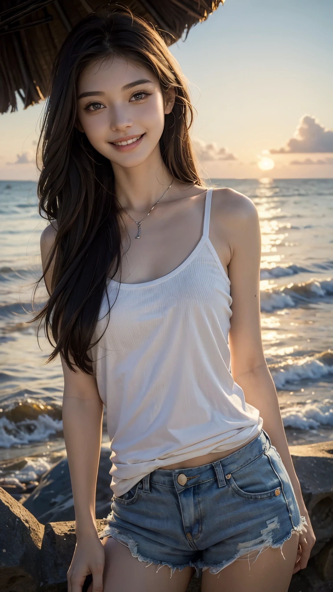 ((best quality、masterpiece:1.3))、sharp focus:1.2、(real、realistic:1.37)、perfect beautiful 22 year old woman、Highly detailed face and skin texture、Fine eyes and double eyelids,((smiling showing teeth)),((big smile))、long hair hair、Medium bust、small necklace、white cotton sleeveless、shorts、whole body、sunset over the sea、beach at sunset、Summer sunset clouds、