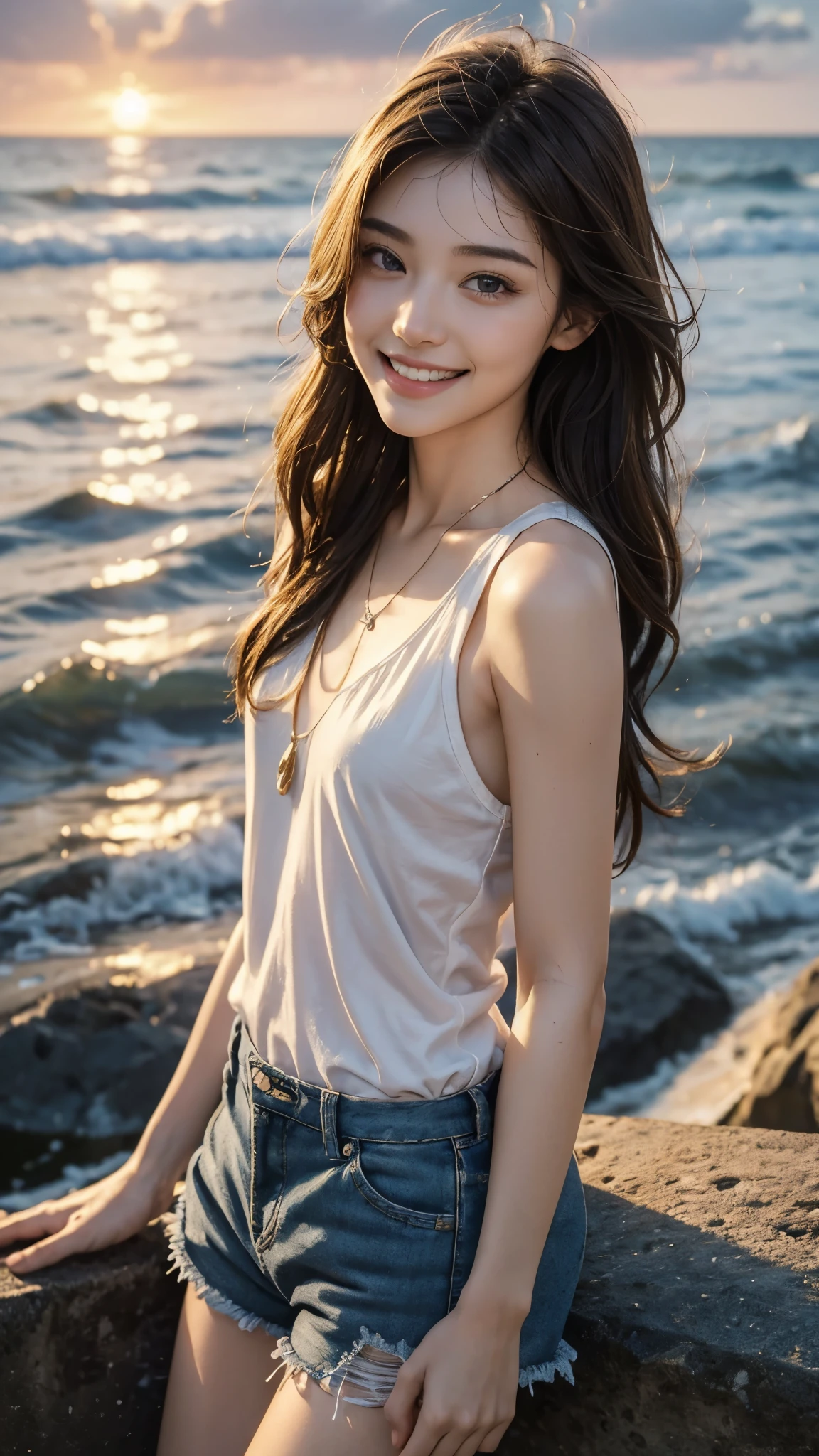 ((best quality、masterpiece:1.3))、sharp focus:1.2、(real、realistic:1.37)、perfect beautiful 22 year old woman、Highly detailed face and skin texture、Fine eyes and double eyelids,((smiling showing teeth)),((big smile))、long hair hair、Medium bust、small necklace、white cotton sleeveless、shorts、whole body、sunset over the sea、beach at sunset、Summer sunset clouds、