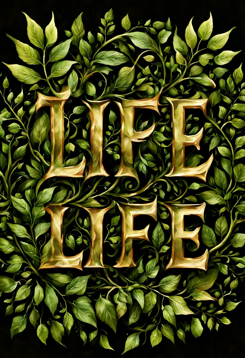 Font design bright and clear text symbols "Life", The artistic font design creative master meticulously describes the intricate details of leaves and vines in extreme detail., masterpiece, beautiful. lifelike, 原始图像masterpiece, anatomically correct, Best quality photo quality.ultra high definition