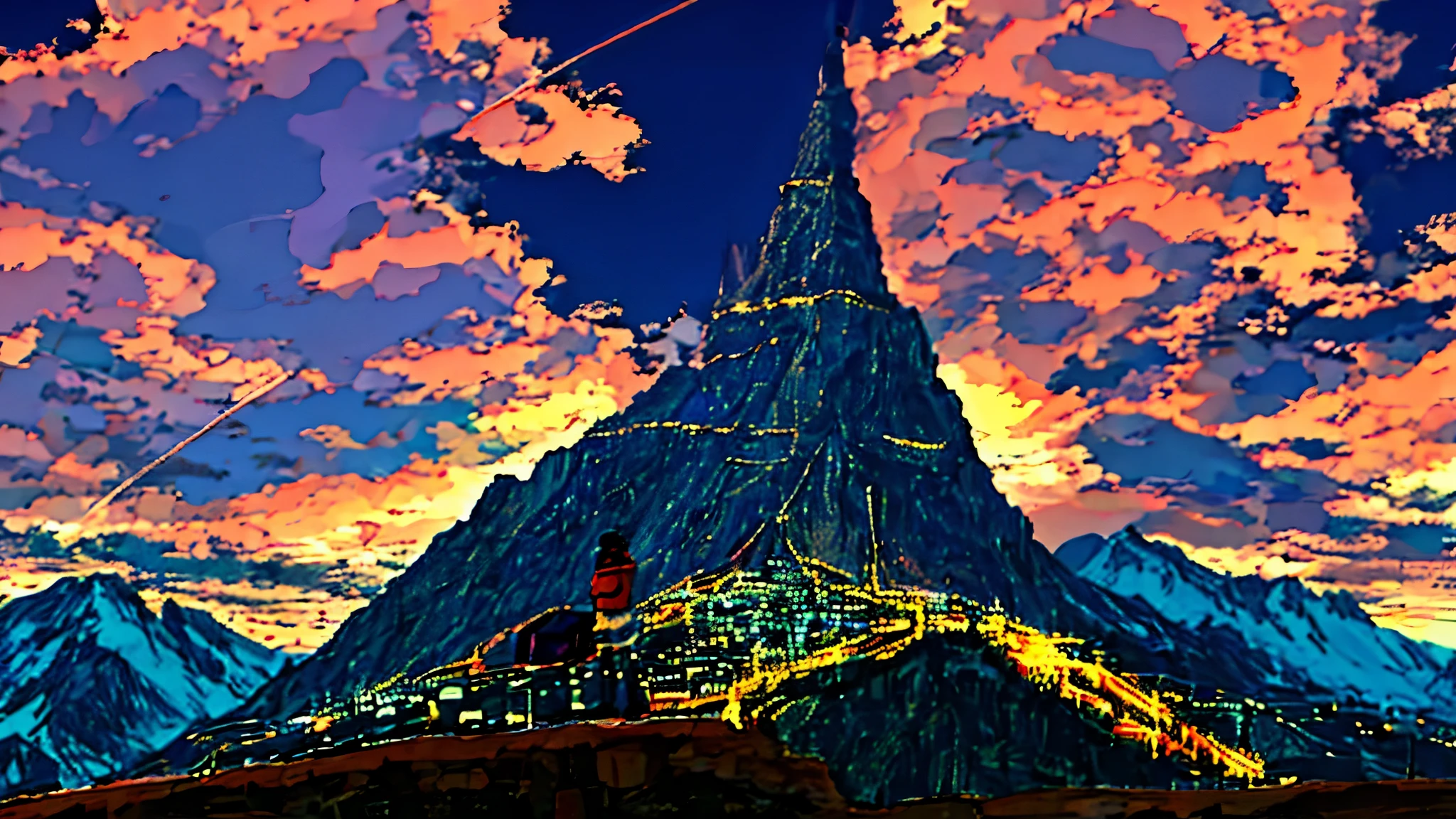 A boy looking at the mountain top against the background of countless blue and purple lights flying around while glowing fantastically