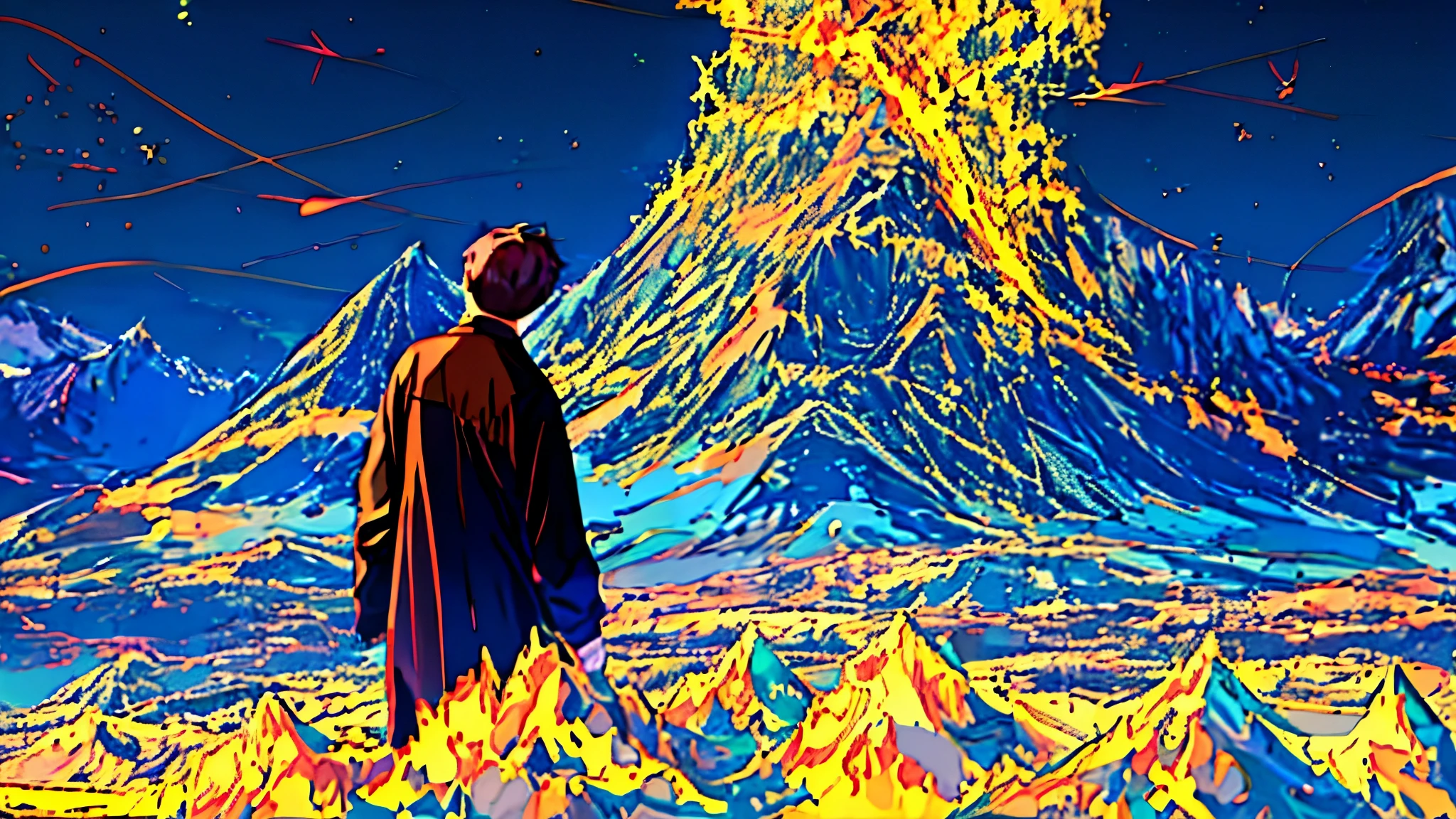 A boy looking at the mountain top against the background of countless blue and purple lights flying around while glowing fantastically