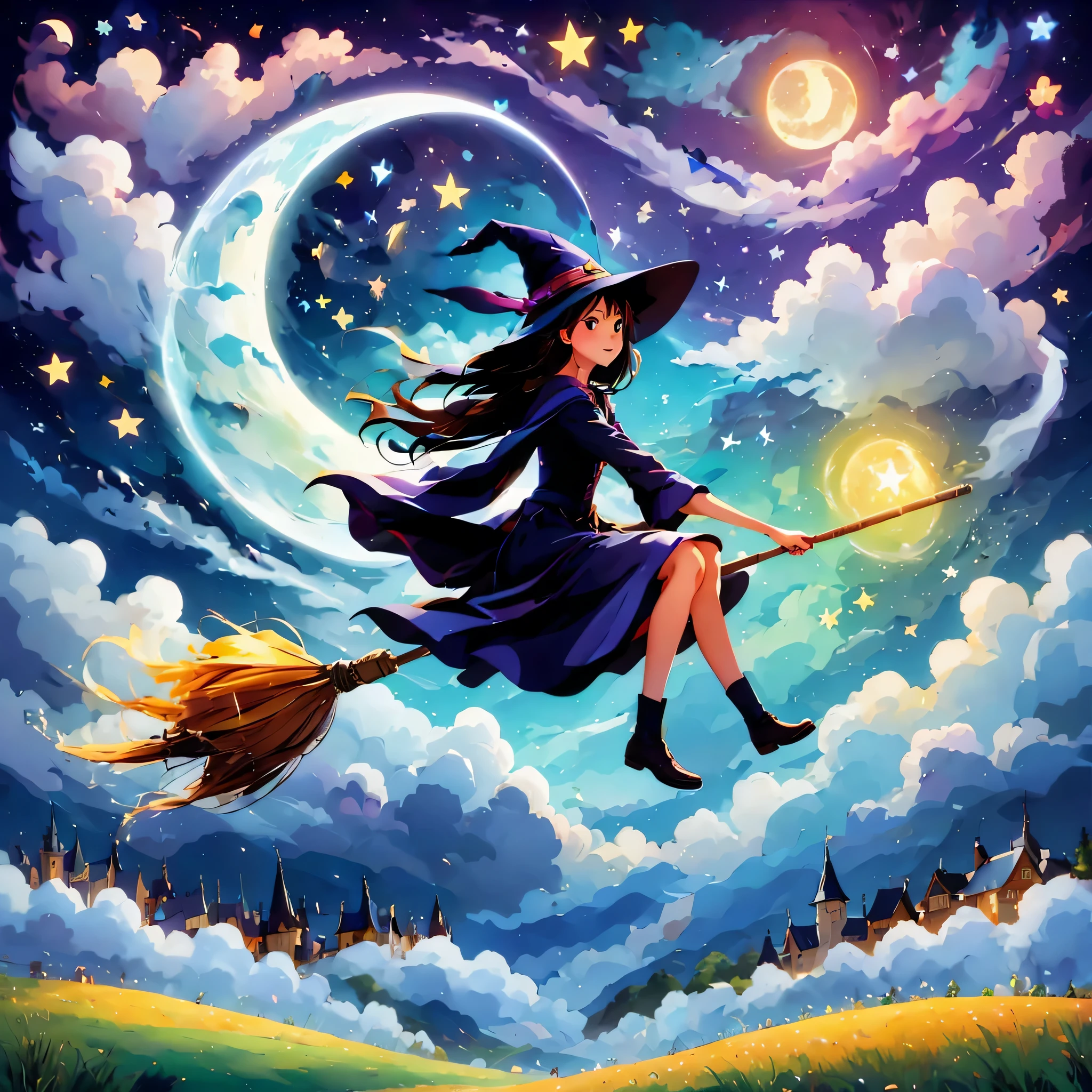 fix the face,1 girl,Flying Witch,Broom ride,night sky,cloud,star,moon,shine,rich colors,Cast colorful spells,magic effect,be familiar with,beautiful,masterpiece