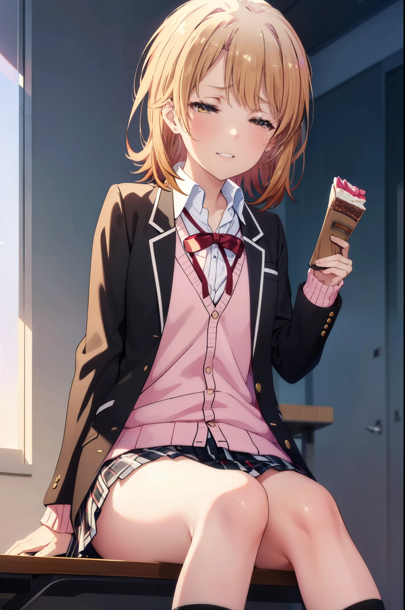 irohaisshiki, Isshiki Iroha, short hair, light brown hair, smile,break skirt, shirt, ribbon, school uniform, Jacket, white shirt, open clothes, socks, open Jacket, black Jacket, plaid, knee high, plaid skirt, blazer, cardigan, black socks, pink cardigan, sobu high school uniform,birthday,There is a hole of birthday cake on the desk.,sitting in a chair,close both eyes,tears of joy,birthdayパーティー,
break indoors, classroom,
break (masterpiece:1.2), highest quality, High resolution, unity 8k wallpaper, (shape:0.8), highly detailed face, perfect lighting, Very detailed CG, (perfect hands, perfect anatomy),