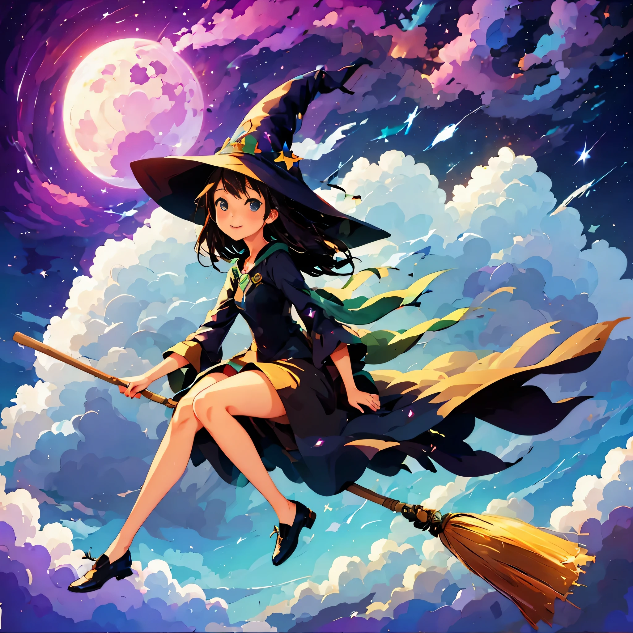 fix the face,1 girl,Flying Witch,Broom ride,night sky,cloud,star,moon,shine,rich colors,Cast colorful spells,magic effect,be familiar with,beautiful,masterpiece,perfect face,cute,anatomically correct