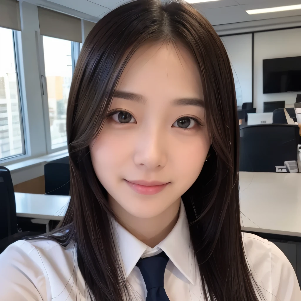 instagram photo, closeup face photo of 23 y.o Chloe in office uniform, cleavage, pale skin, (smile:0.4), hard shadows, running, after shower with wet hair