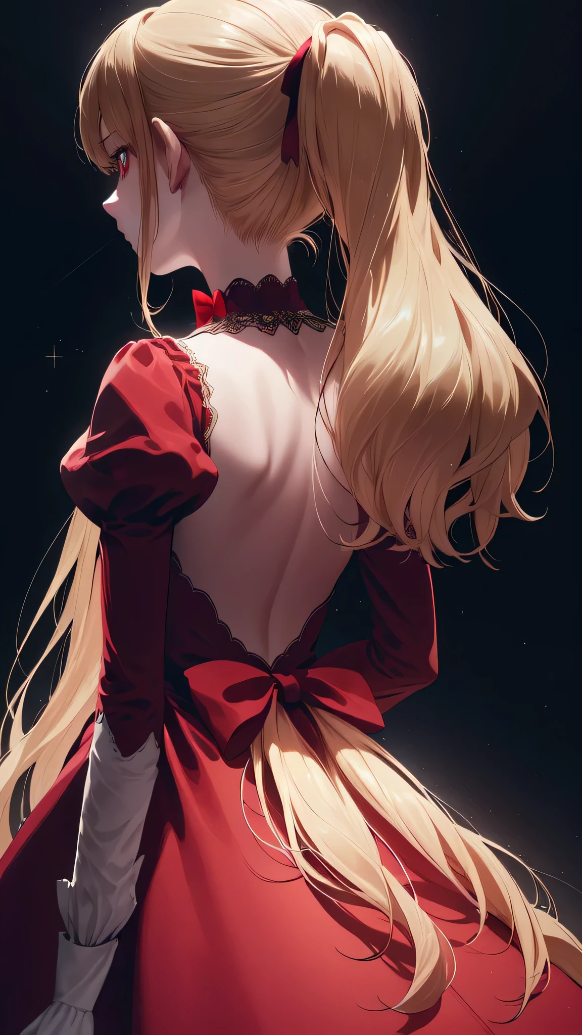 light particles, soft light, Volumetric lighting, intricate details, detailed,
1 girl, alone,
blonde hair, long hair, high ponytail,
red eyes, long eyelashes, thick eyelashes, looking at the audience,
red dress, gorgeous dress, backless dress, puffy sleeves, Juliet sleeves, (long sleeves:1.2), red bow tie,
black background, simple background, from behind,
