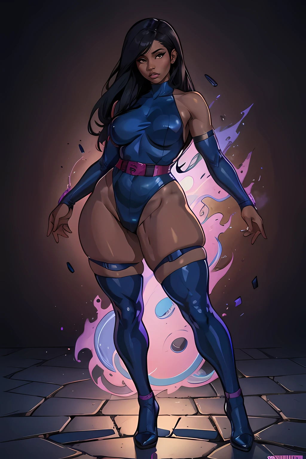 Illustration of Nicki Minaj as Betsy Braddock Psylocke, ((dark skin)) toned skin, black hair, chubby, (medium breasts), dark purplish blue leotard, loose dark red lace belt, long dark purplish blue gloves, thigh highs, bare thighs, (full body) background