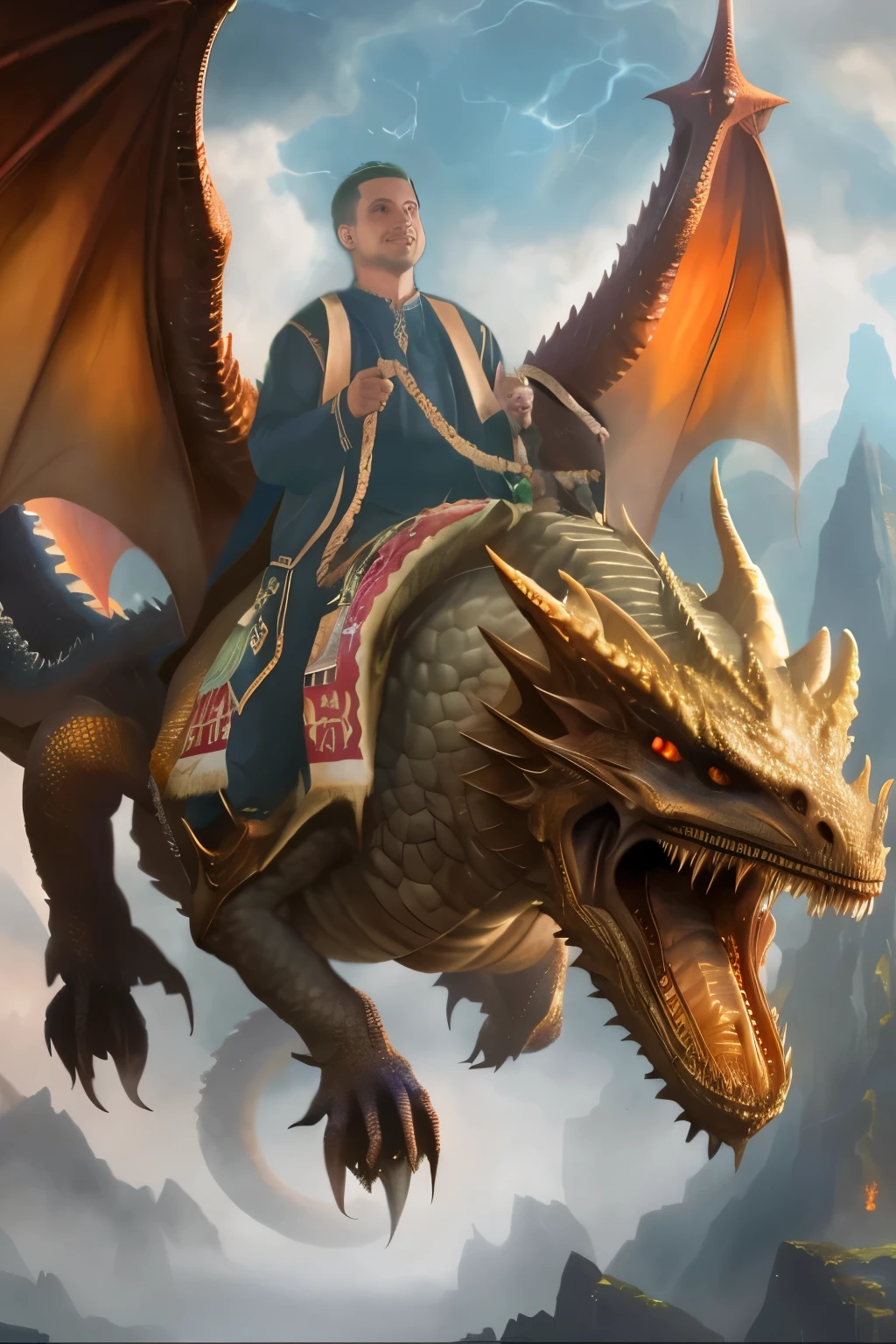 there is a man riding a dragon, dragon rider, fat dragon with rider, hyperrealistic d & d fantasy art, charging through a dragons lair, dungeons and dragons fantasy art, by László Balogh