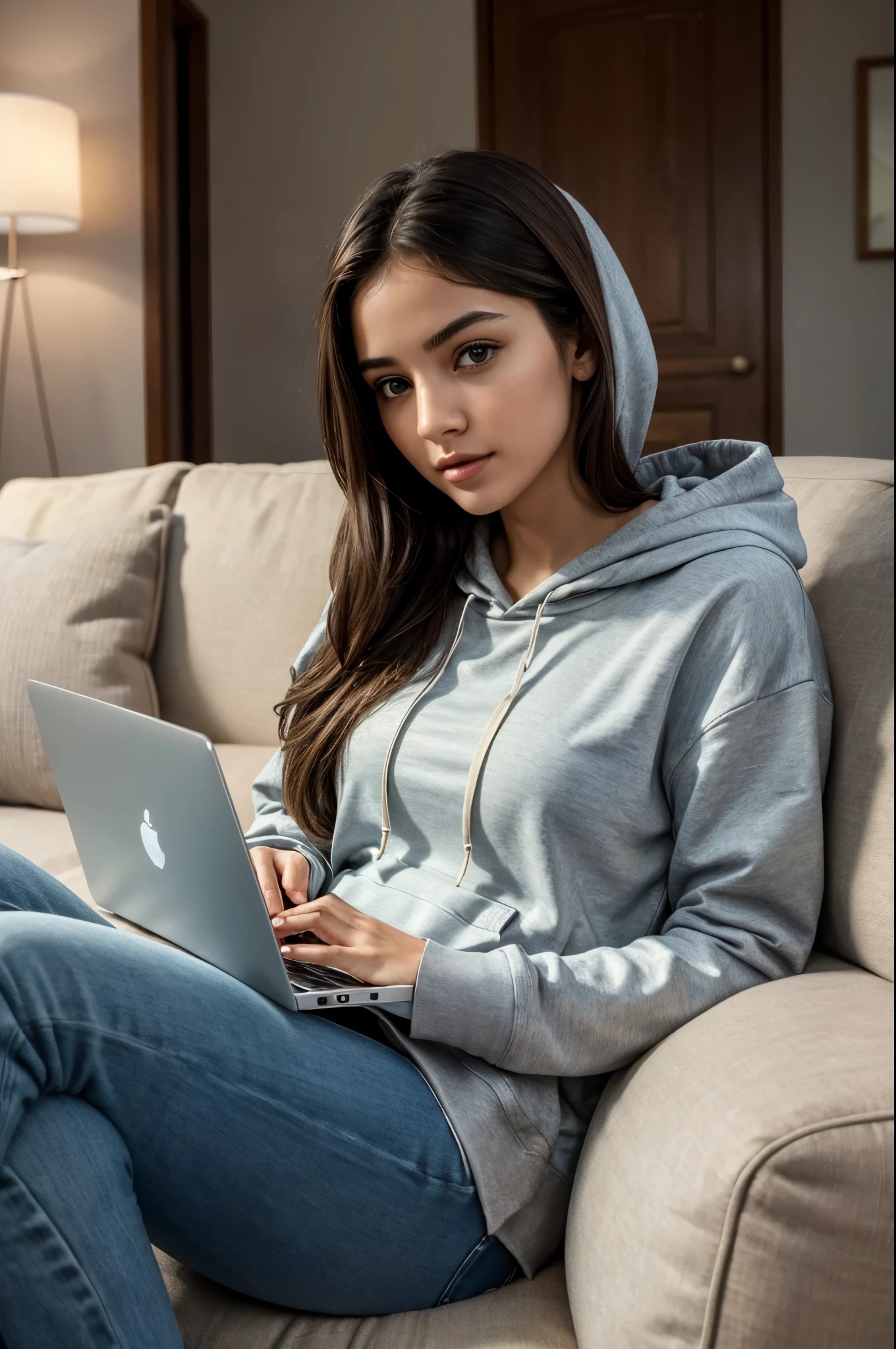 masterpiece, best quality, extremely detailed, hyperrealistic1.1, photorealistic:1.2, a pretty girl with laptop:1.3, hoodie, sitting on the sofa, perfect hands, perfect fingers:1.2, serene