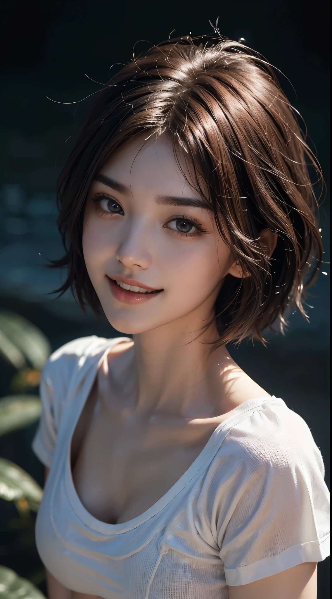 highest quality、8k、32K、Masseter muscle part、nffsw:1.3)、cute japanese girl、1 girl、short hair、profile、(crack your abs、slim body shape:1.2)、(lips) 、（orange hair）、double eyelid、shiny skin、realistic rays of light、big、beautiful face、(laughter:1.3)、squat、(From above:1.2)、(Close-up:1.4)、coastal、white t-shirt、blurred background、(front focus)、(dark: 1.6)、fantasy art、photo realistic、professional lighting、highly detailed face、award-winning、deep shadow、((Ultra-realistic raw photos)),fine eyes,Eyes like the real thing,fine hair,