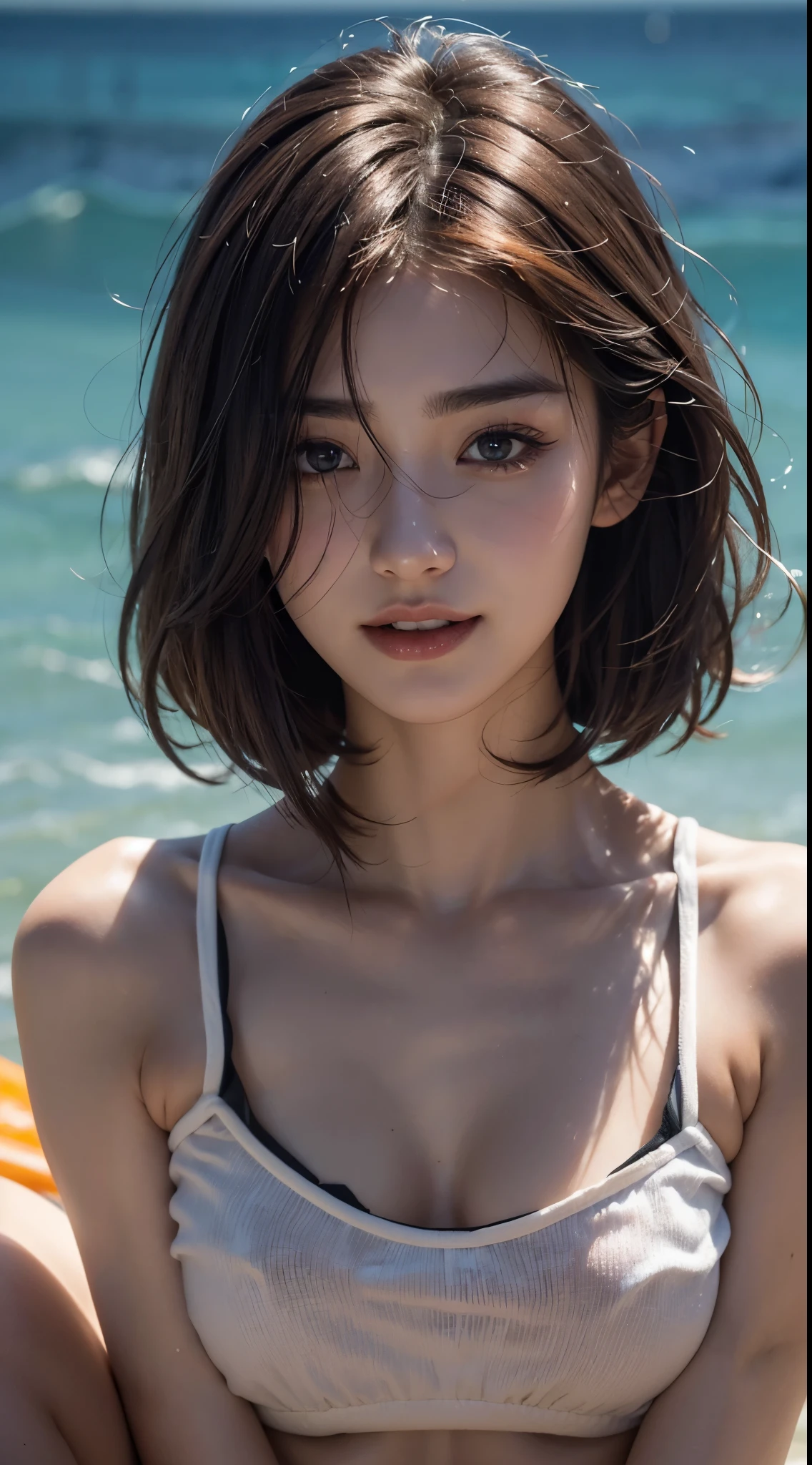 highest quality、8k、32K、Masseter muscle part、nffsw:1.3)、cute japanese girl、1 girl、short hair、profile、(crack your abs、slim body shape:1.2)、(lips) 、(orange hair)、double eyelid、shiny skin、realistic rays of light、big、beautiful face、(laughter:1.3)、squat、(From above:1.2)、(Close-up:1.4)、coastal、white t-shirt、blurred background、(front focus)、(dark: 1.6)、fantasy art、photo realistic、professional lighting、highly detailed face、award-winning、deep shadow、((Ultra-realistic raw photos)),fine eyes,Eyes like the real thing,fine hair,