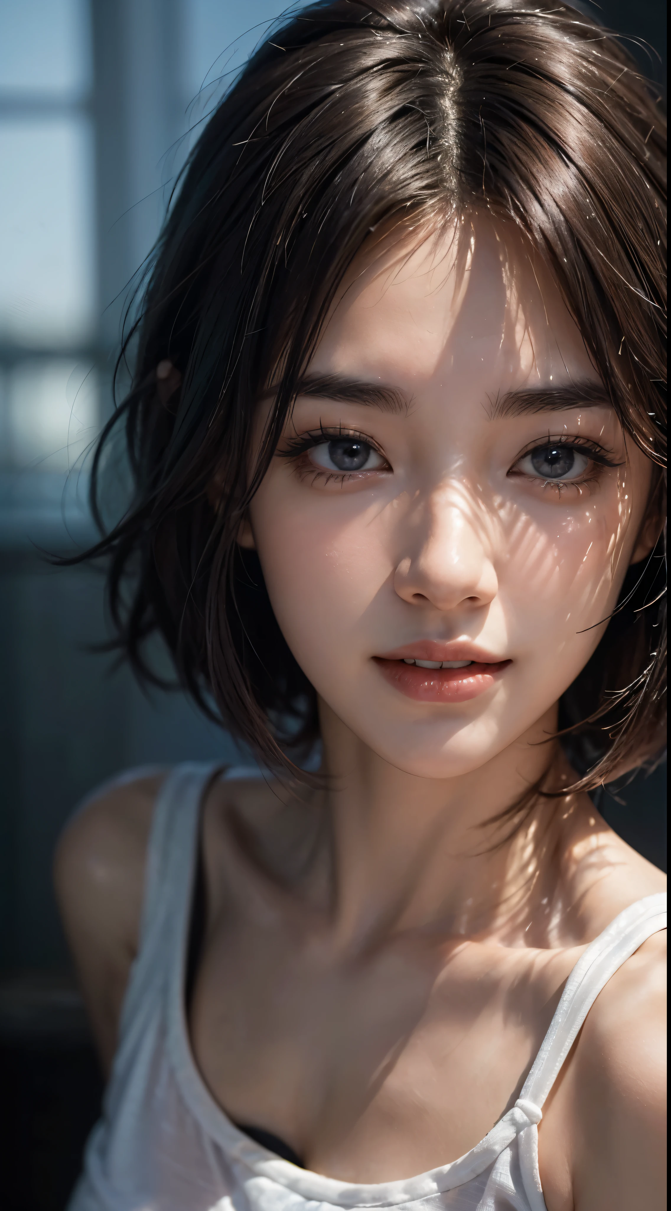 highest quality、8k、32K、Masseter muscle part、nffsw:1.3)、cute japanese girl、1 girl、short hair、profile、(crack your abs、slim body shape:1.2)、(lips) 、(orange hair)、double eyelid、shiny skin、realistic rays of light、big、beautiful face、(laughter:1.3)、squat、(From above:1.2)、(close:1.4)、along the coast、white t-shirt、blurred background、(front focus)、(dark: 1.6)、fantasy art、photo-realistic、professional lighting、highly detailed face、award-winning、deep shadow、((Ultra-realistic raw photos)),fine eyes,Lifelike eyes,thin hair,