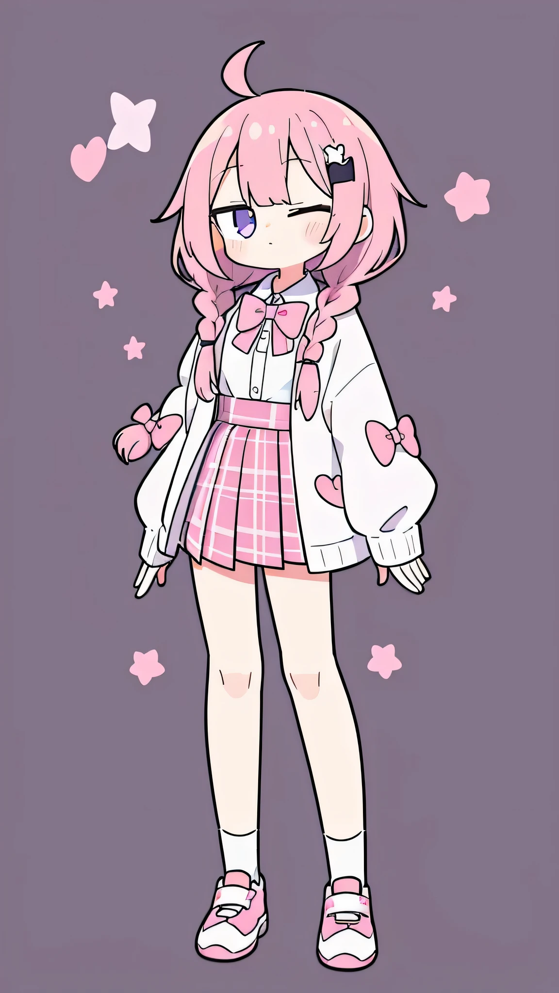 highres 1girl ahoge bobby_pin bow bowtie braid brMine_Eyes collared_shirt dojikko_frilly pose_shirt frilled_shirt_无领接head_skirt frills head发_bow head发_ornament head发pin hand_exist_Mine_head, Heart, Heart_head发_decorative hooded_jacket jacket lexistg_head发 existe_Eye_Closed pentagram pink_head发 plaid plaid_bow plaid_pleated skirt_skirt shirt shoelaces shoes simple_Background standing skirt solo star_(symbol) twin_White braids_background white_raise your legs, whole body