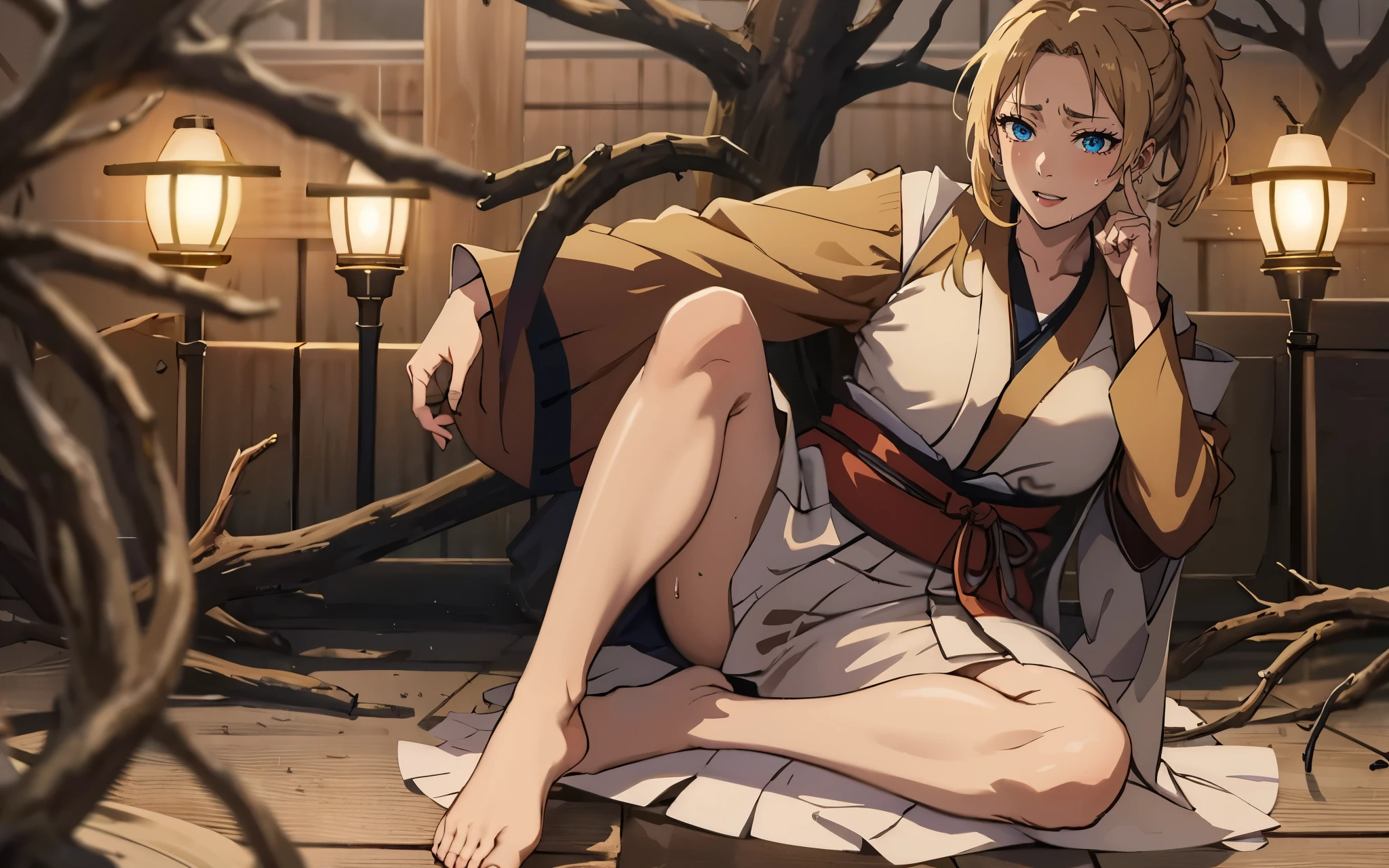 (blonde hair:1.4), blue eyes, low ponytail, (plump:1.2), sweating, glowing eyes, heavy breathing, female focus, tree, japanese_clothes, solo, hakama, outdoors, 1girl, looking_at_viewer, standing, nature, kimono, blurry, long_sleeves, aqua themes, lips, looking at viewer,