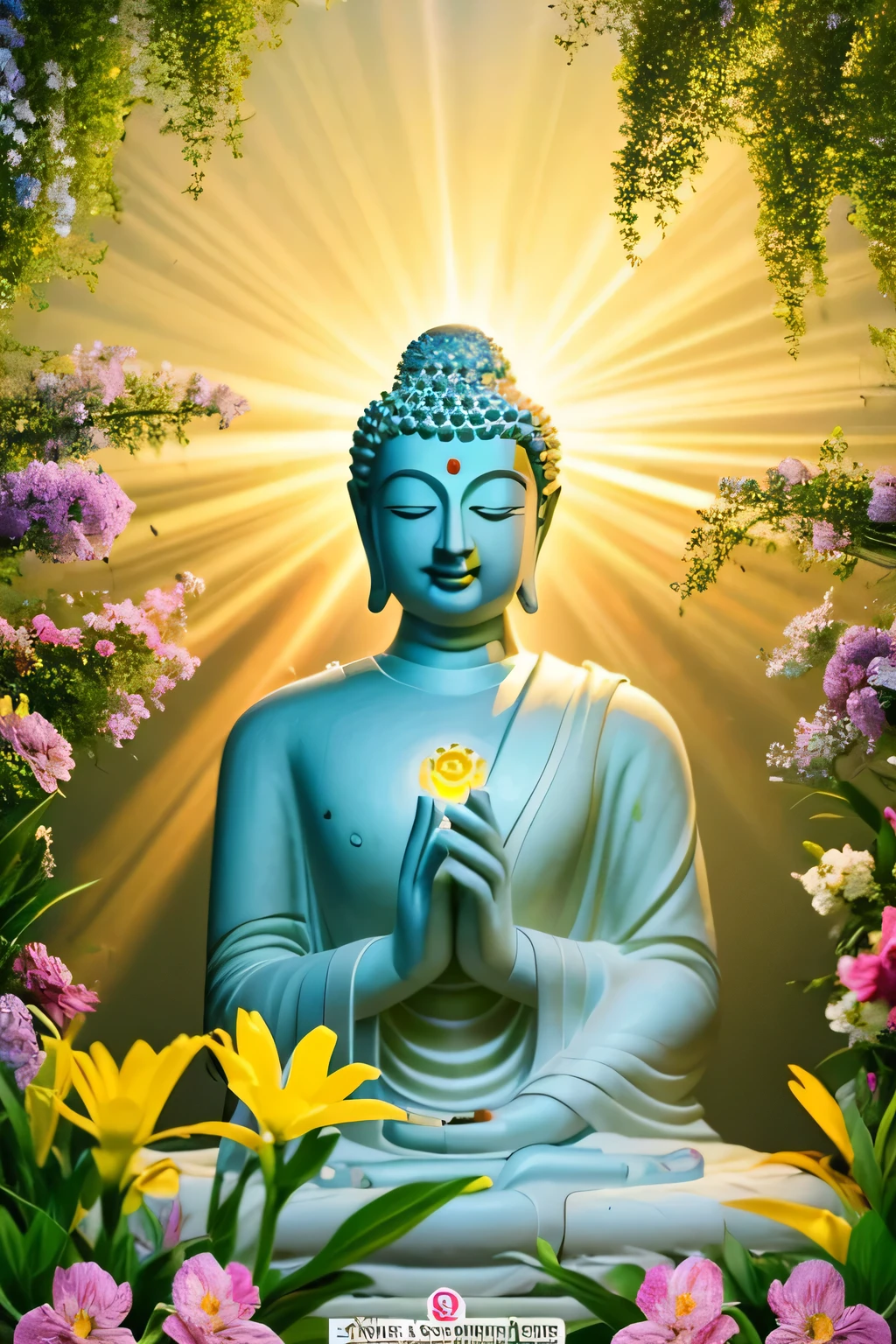 Buddha statue Buddha looking here bright background halo is shining upper body only join hands facing forward realistic illustration The entire screen is surrounded by flowers