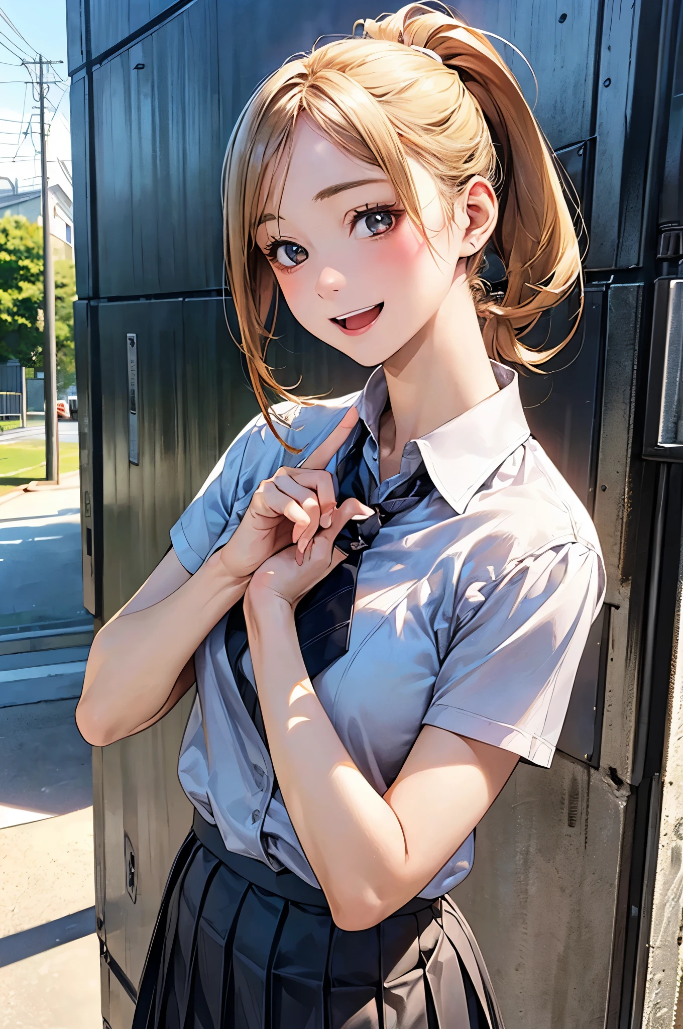 (masterpiece:1.2, top-quality), (realistic, photorealistic:1.4), beautiful illustration, (natural side lighting, movie lighting), nsfw,
looking at viewer, face focus, upper body, front view:0.6, 1 girl, japanese, high school girl, 15 years old, perfect face, cute and symmetrical face, shiny skin,
(middle hair:1.2, ponytail, sideburns:1.5, blond hair), hair pulled back, hairpin, gold eyes, long eye lasher, (medium breasts), slender,
beautiful hair, beautiful face, beautiful detailed eyes, beautiful clavicle, beautiful body, beautiful chest, beautiful thigh, beautiful legs, beautiful fingers,
((light blue collared shirts, black box pleated mini skirt with line,), navy tie),
(beautiful scenery), evening, (outside school), standing, index finger raised, head tit, (happy smile, open mouth),